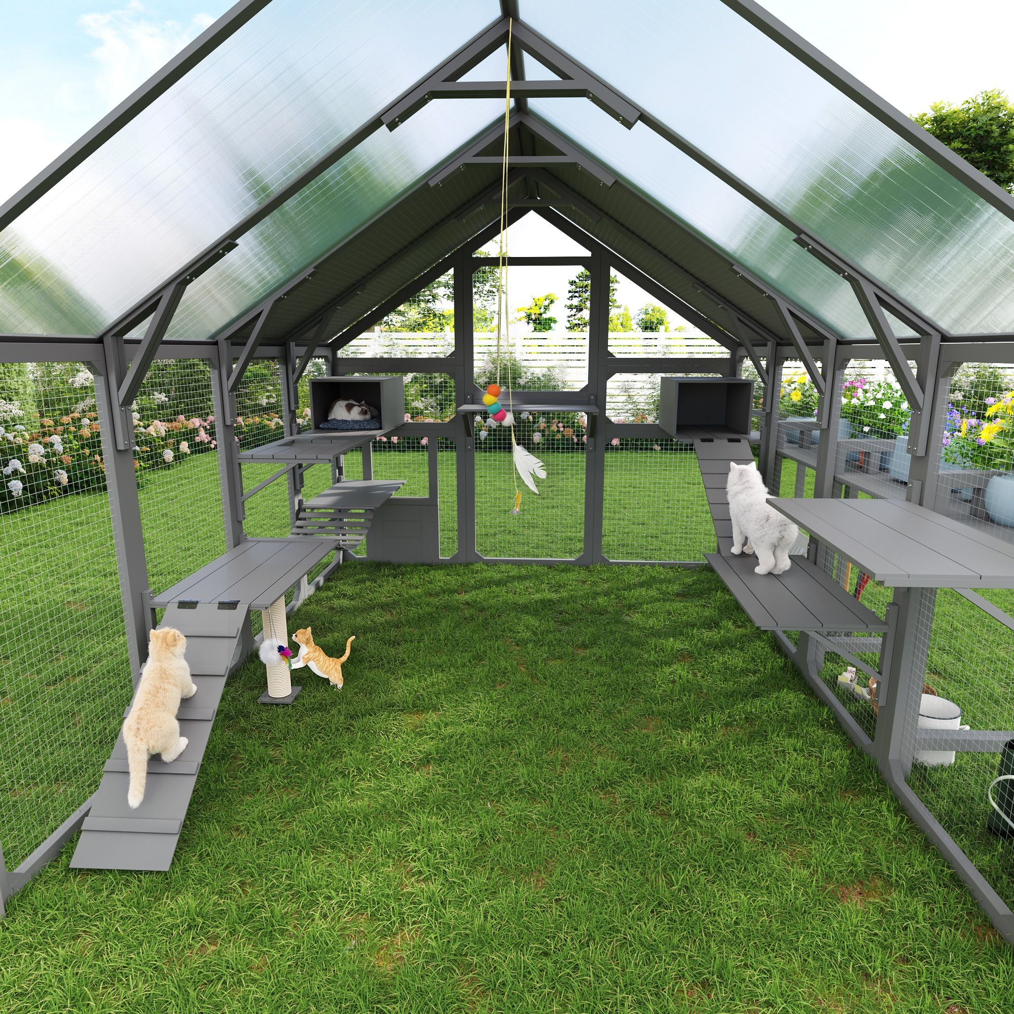 Multi-Level Outdoor Cat House with Planter, Weatherproof Roof, and Scratching Post
