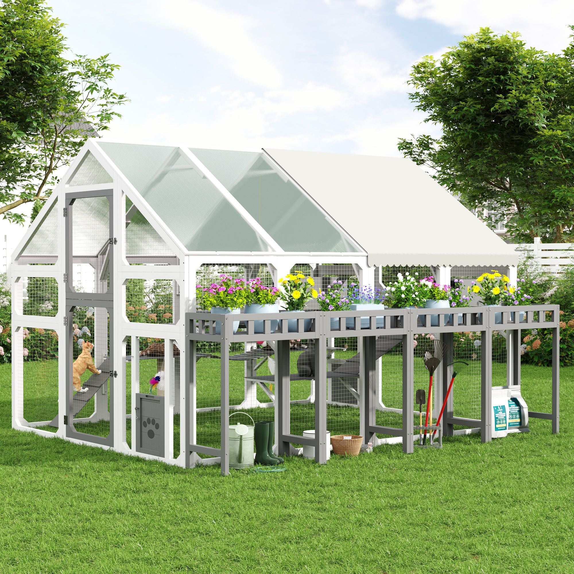 Multi-Level Outdoor Cat House with Planter, Weatherproof Roof, and Scratching Post