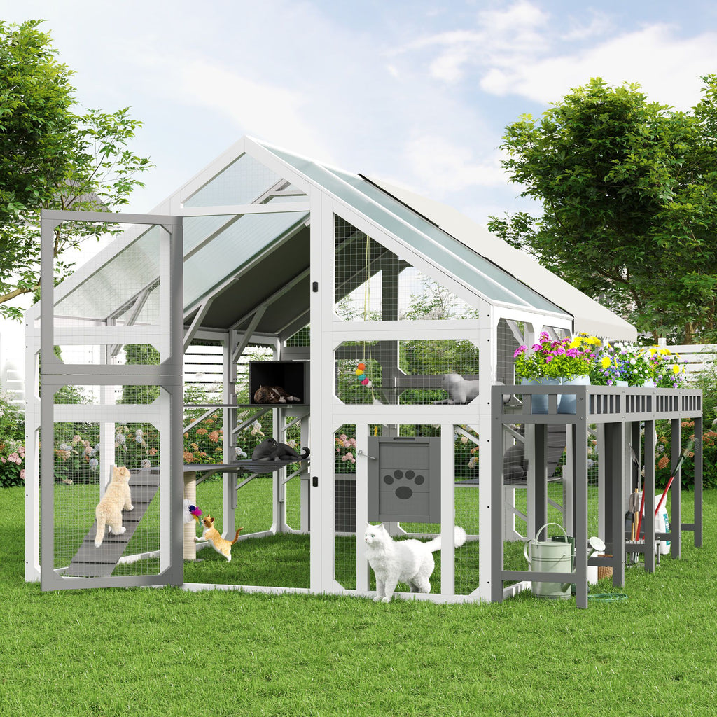 Multi-Level Outdoor Cat House with Planter, Weatherproof Roof, and Scratching Post