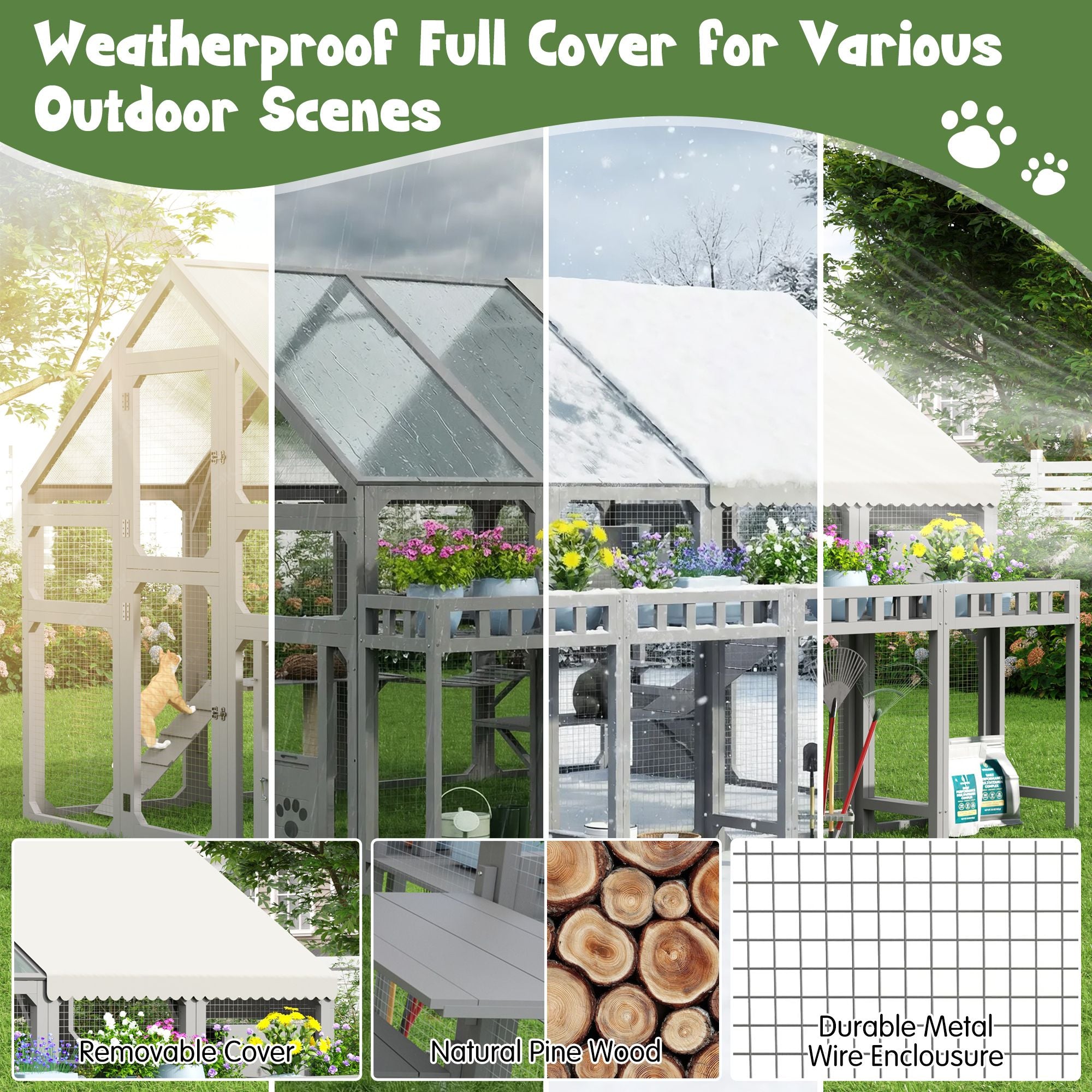 Multi-Level Outdoor Cat House with Planter, Weatherproof Roof, and Scratching Post