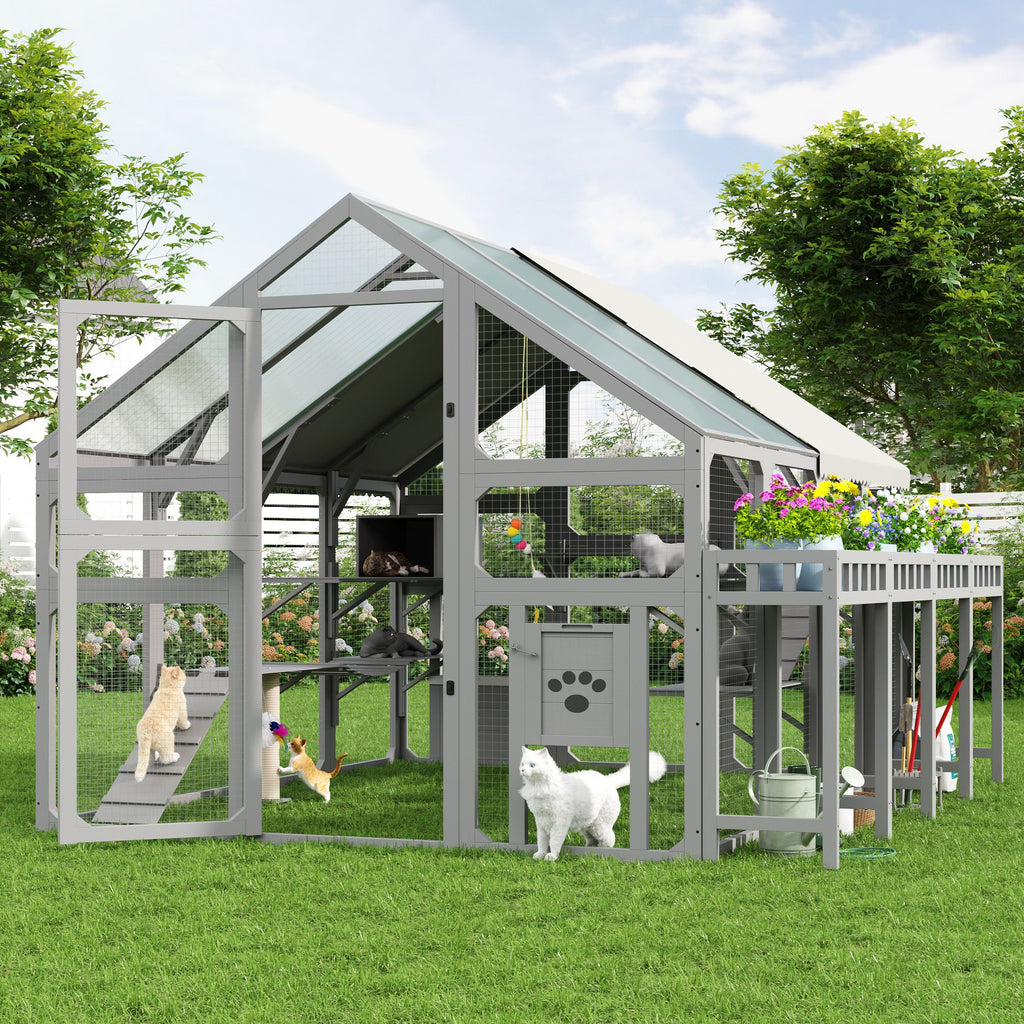 Multi-Level Outdoor Cat House with Planter, Weatherproof Roof, and Scratching Post