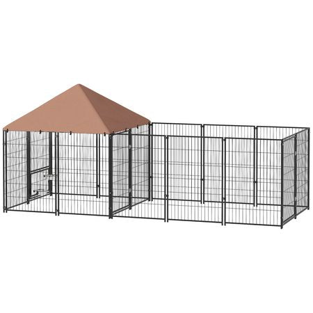 Large Outdoor Dog Kennel with Rotating Feeding Bowls & Weatherproof Canopy