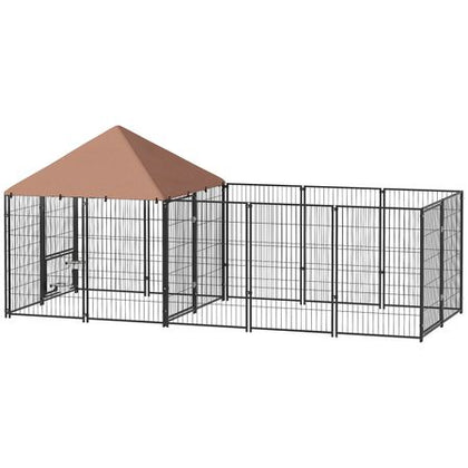 Large Outdoor Dog Kennel with Rotating Feeding Bowls & Weatherproof Canopy