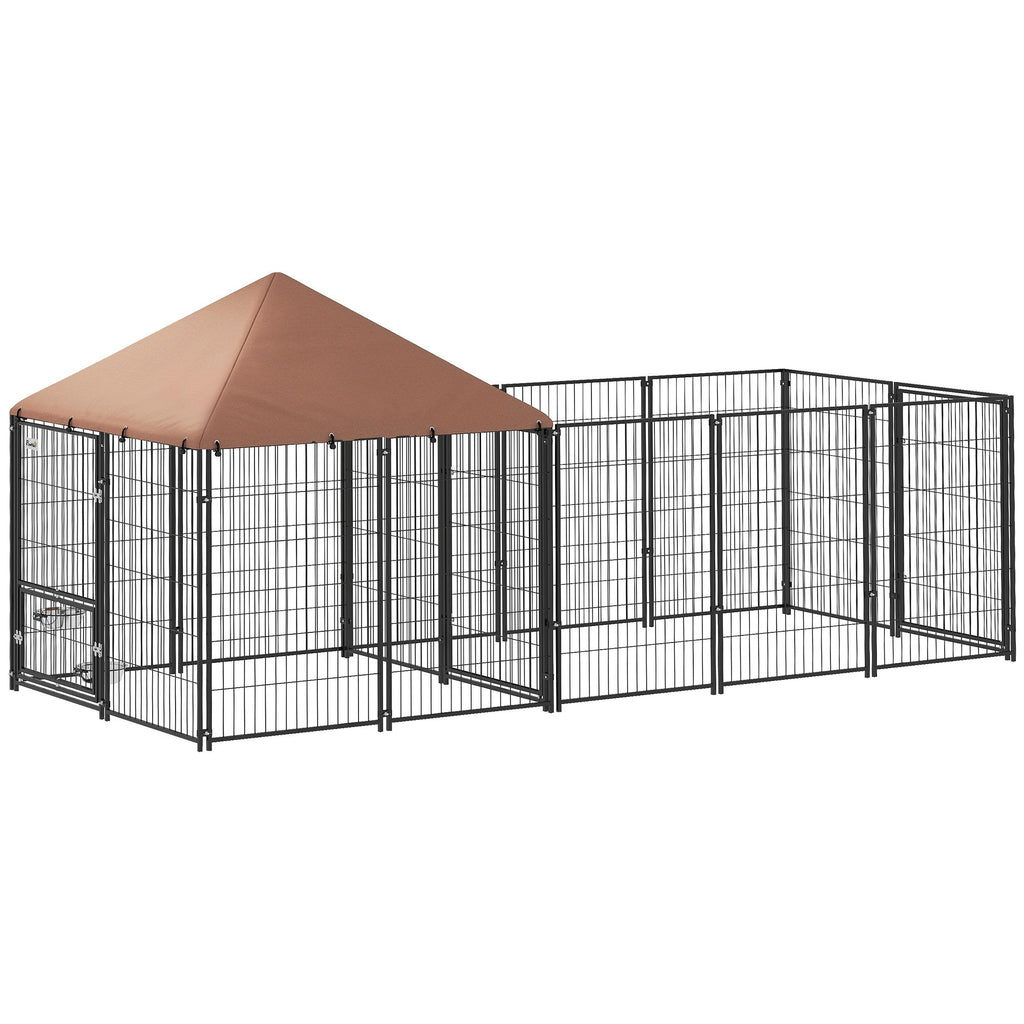 Large Outdoor Dog Kennel with Rotating Feeding Bowls & Weatherproof Canopy