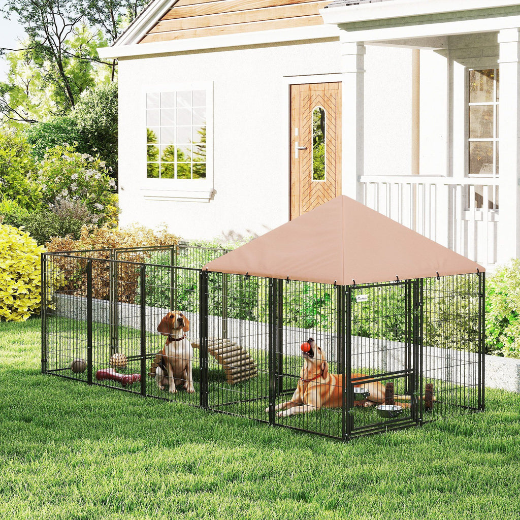 Large Outdoor Dog Kennel with Rotating Feeding Bowls & Weatherproof Canopy