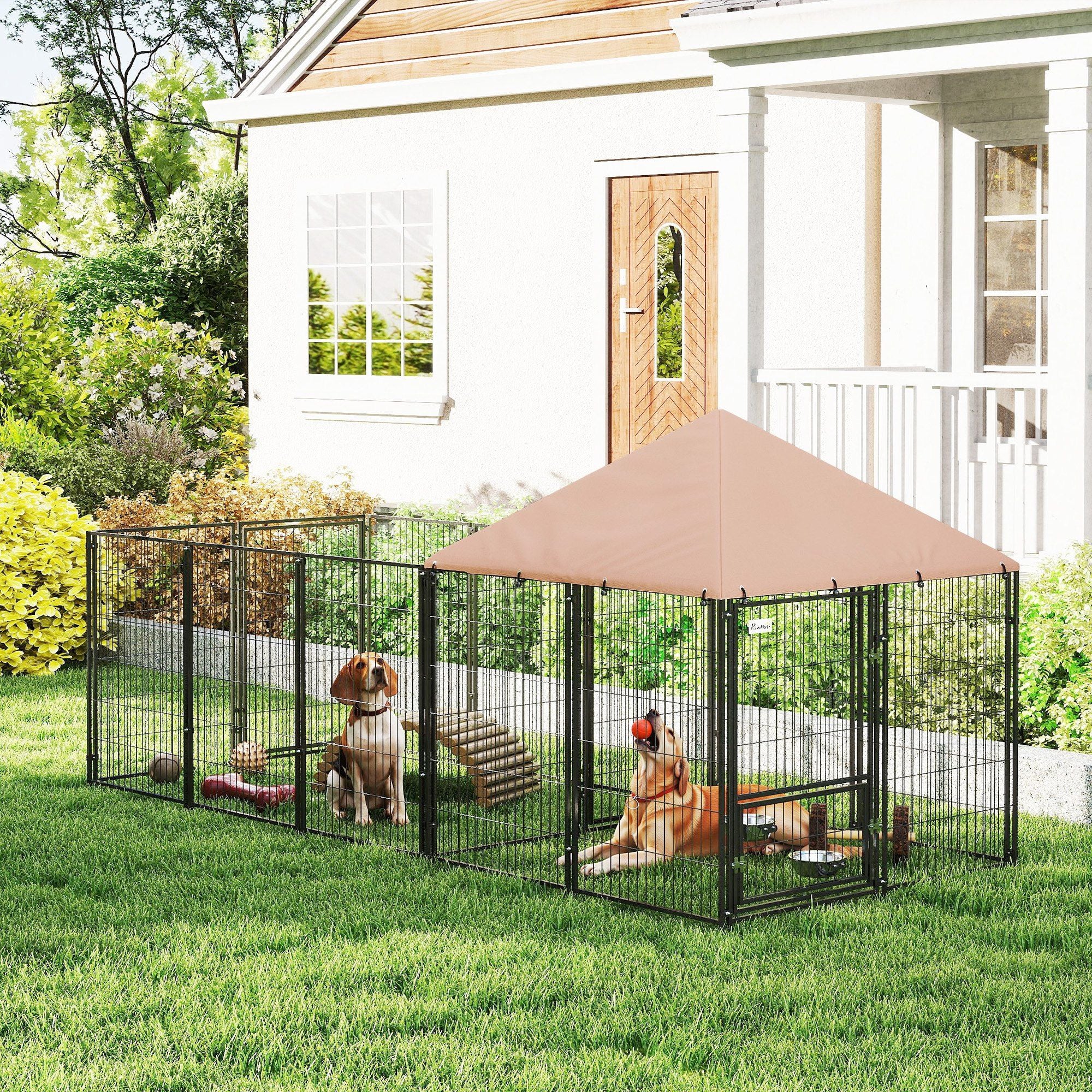 Large Outdoor Dog Kennel with Rotating Feeding Bowls & Weatherproof Canopy