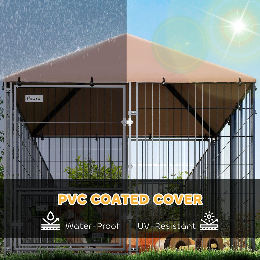 Large Outdoor Dog Kennel with Rotating Feeding Bowls & Weatherproof Canopy