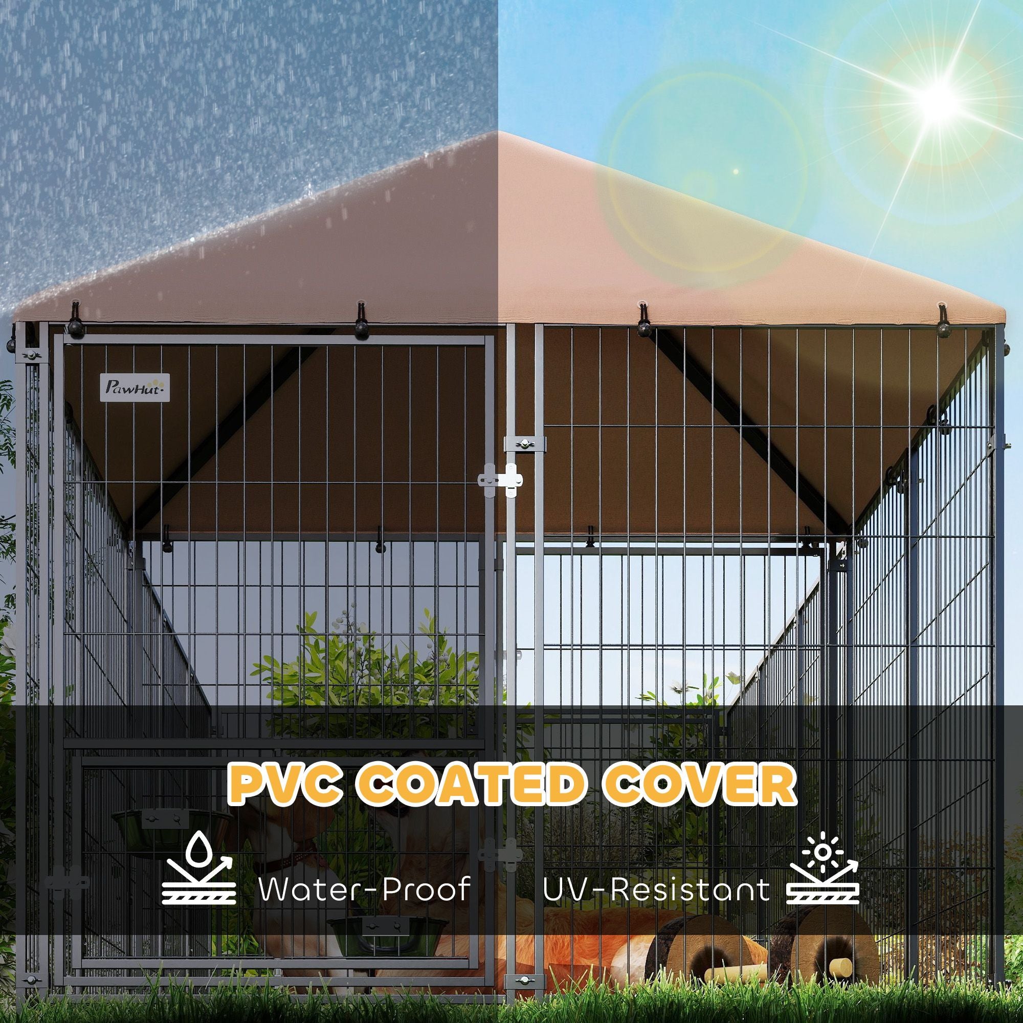 Large Outdoor Dog Kennel with Rotating Feeding Bowls & Weatherproof Canopy