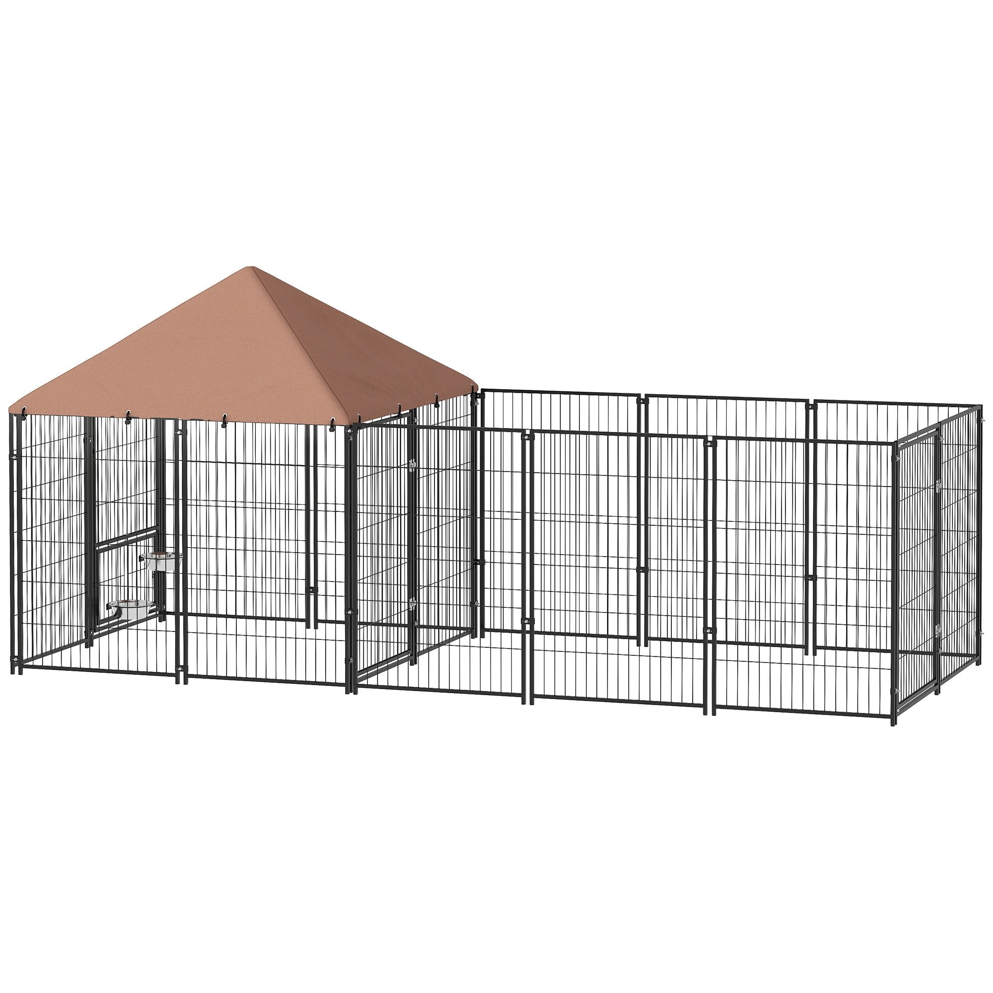 Large Outdoor Dog Kennel with Rotating Feeding Bowls & Weatherproof Canopy