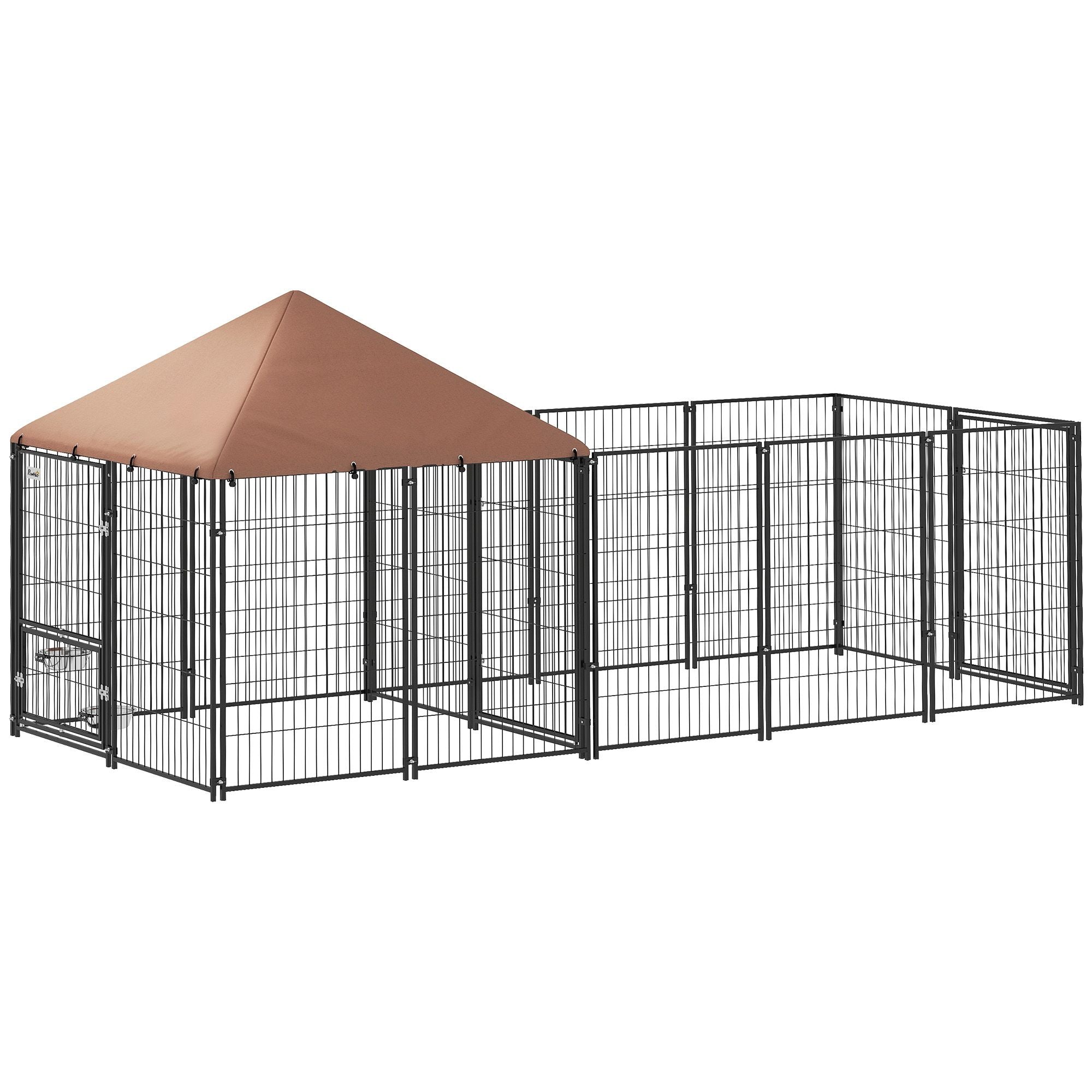 Large Outdoor Dog Kennel with Rotating Feeding Bowls & Weatherproof Canopy