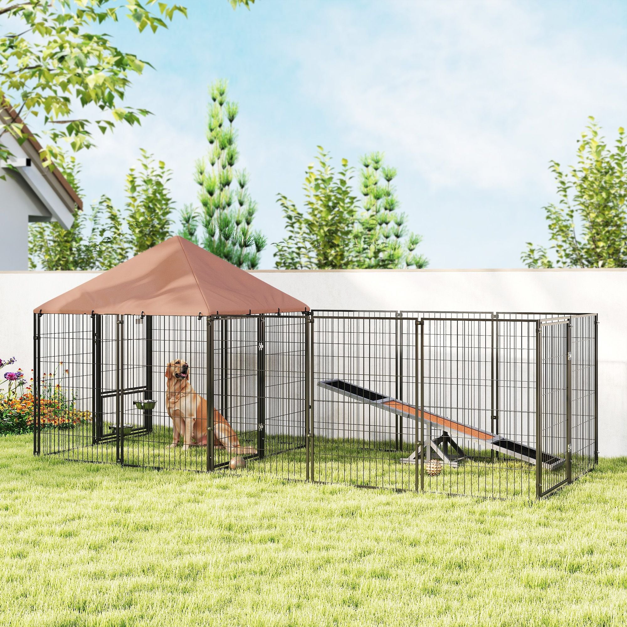 Large Outdoor Dog Kennel with Rotating Feeding Bowls & Weatherproof Canopy