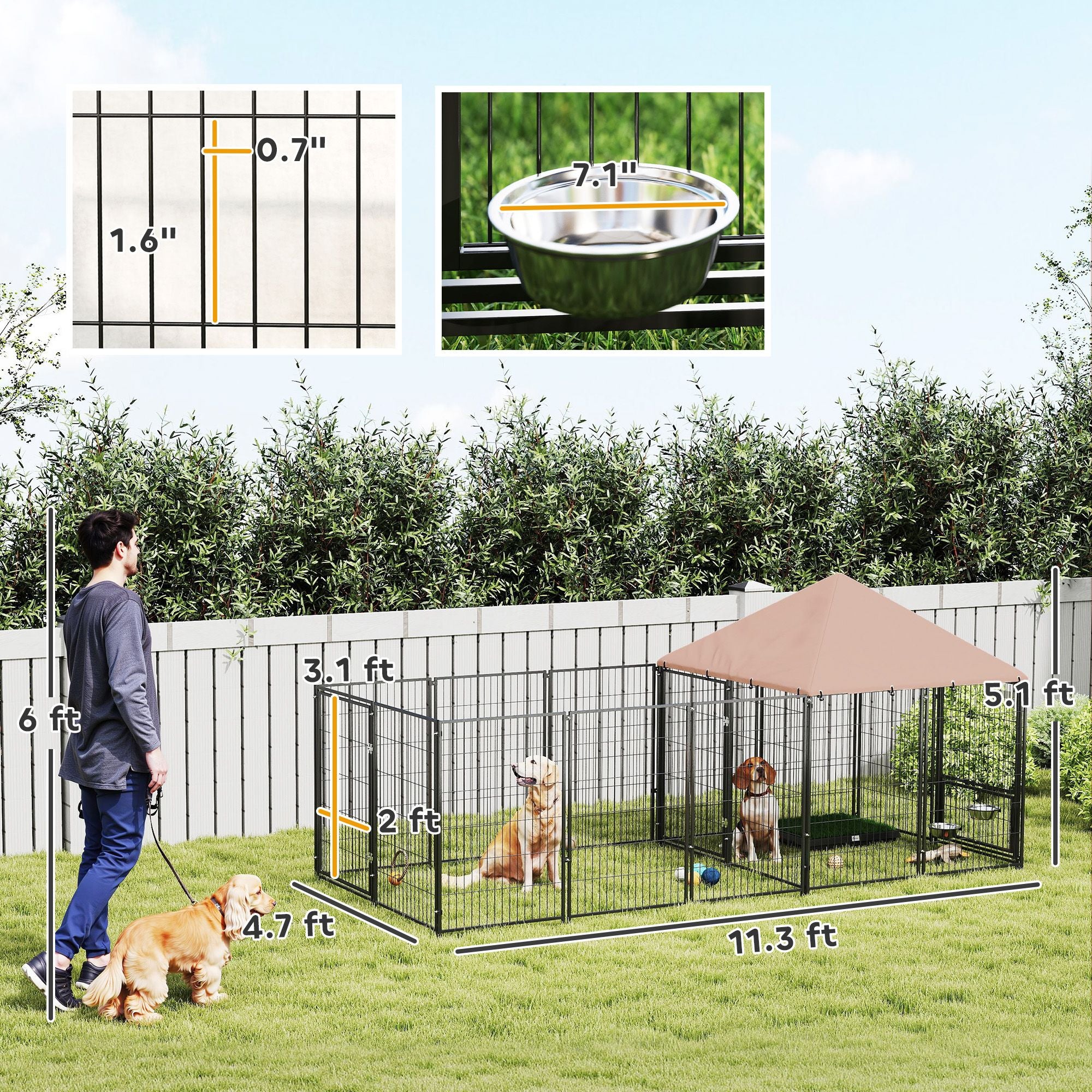Large Outdoor Dog Kennel with Rotating Feeding Bowls & Weatherproof Canopy