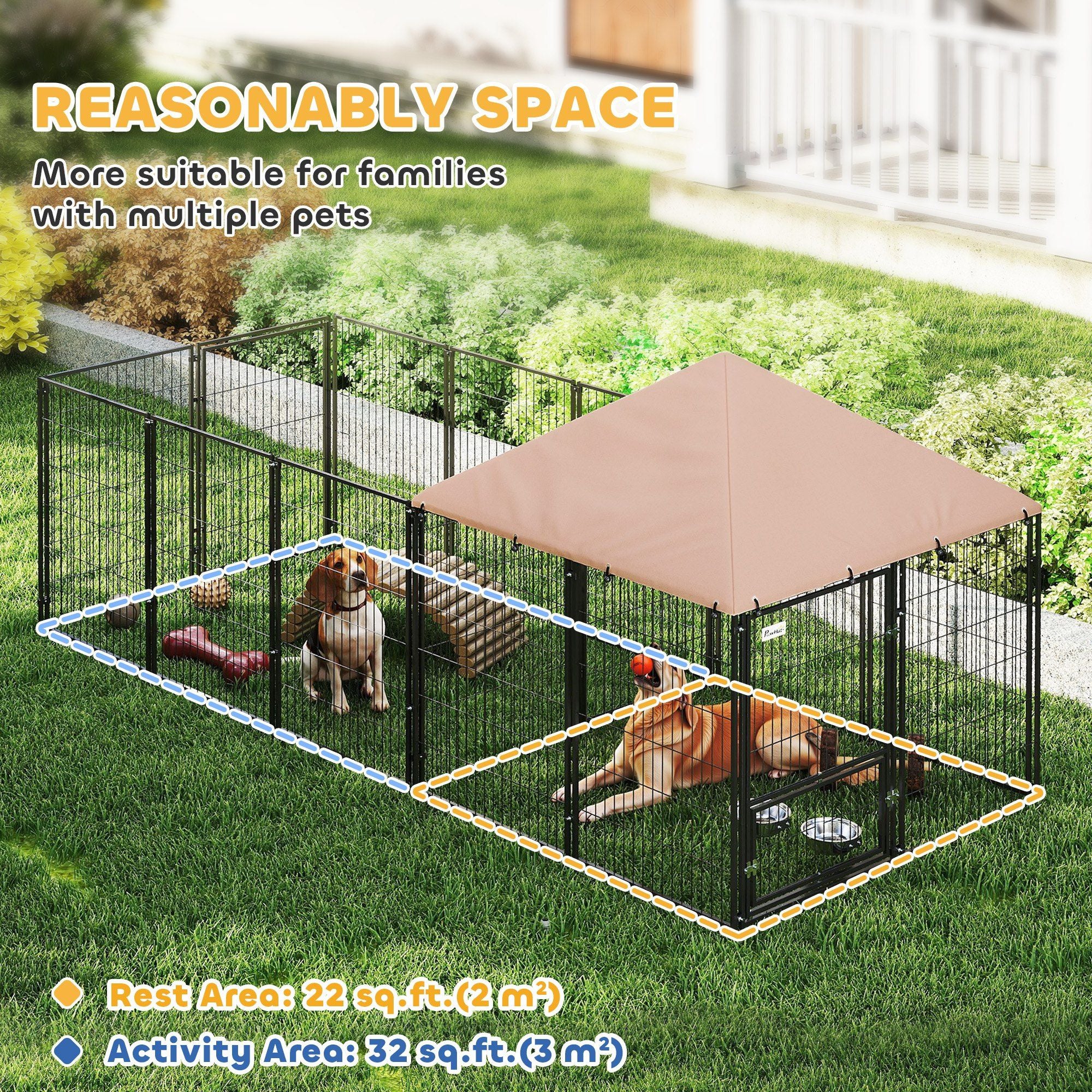 Large Outdoor Dog Kennel with Rotating Feeding Bowls & Weatherproof Canopy