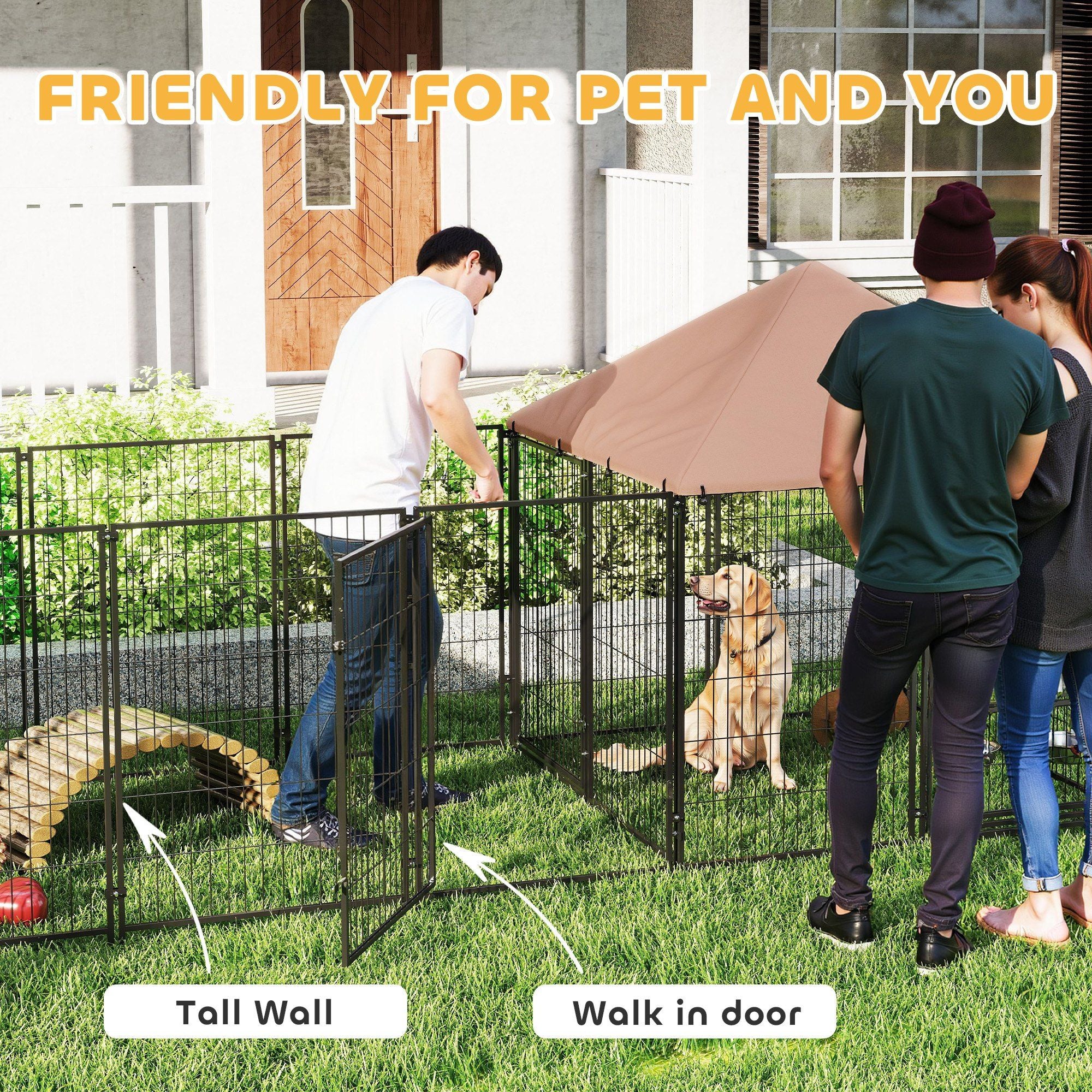 Large Outdoor Dog Kennel with Rotating Feeding Bowls & Weatherproof Canopy