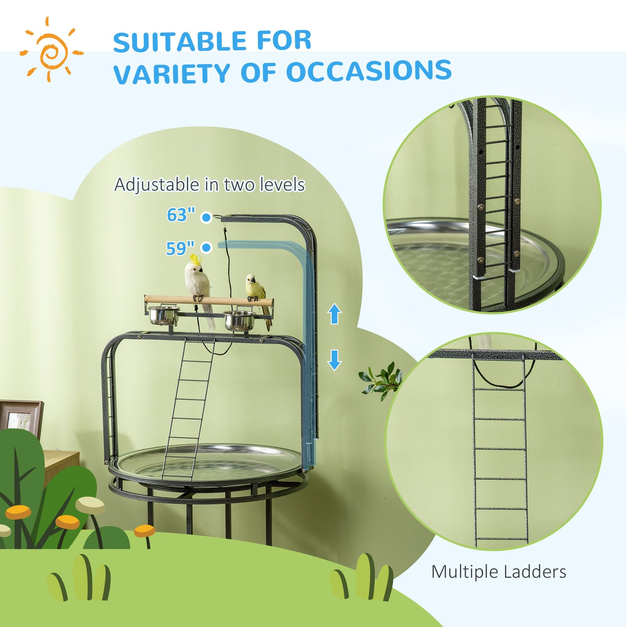 Textured structured Parrot Stand with 3 Ladders and Toy Hook
