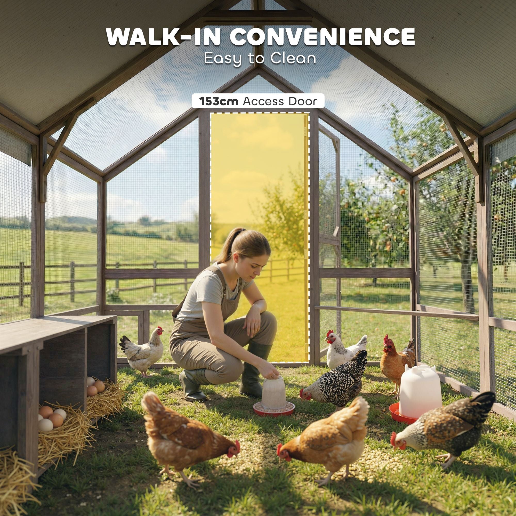 Large furniture-style Chicken Coop with Walk-In Run, Nesting Boxes, and Auto Door Compatibility