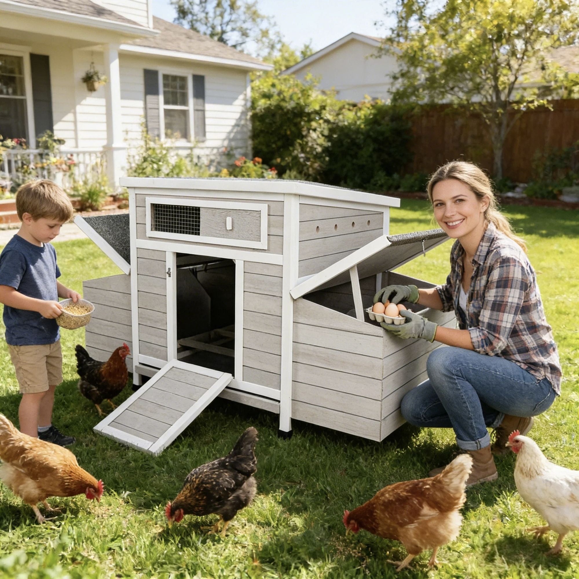 Large furniture-style Chicken Coop with water-ready Base and Secure Latches