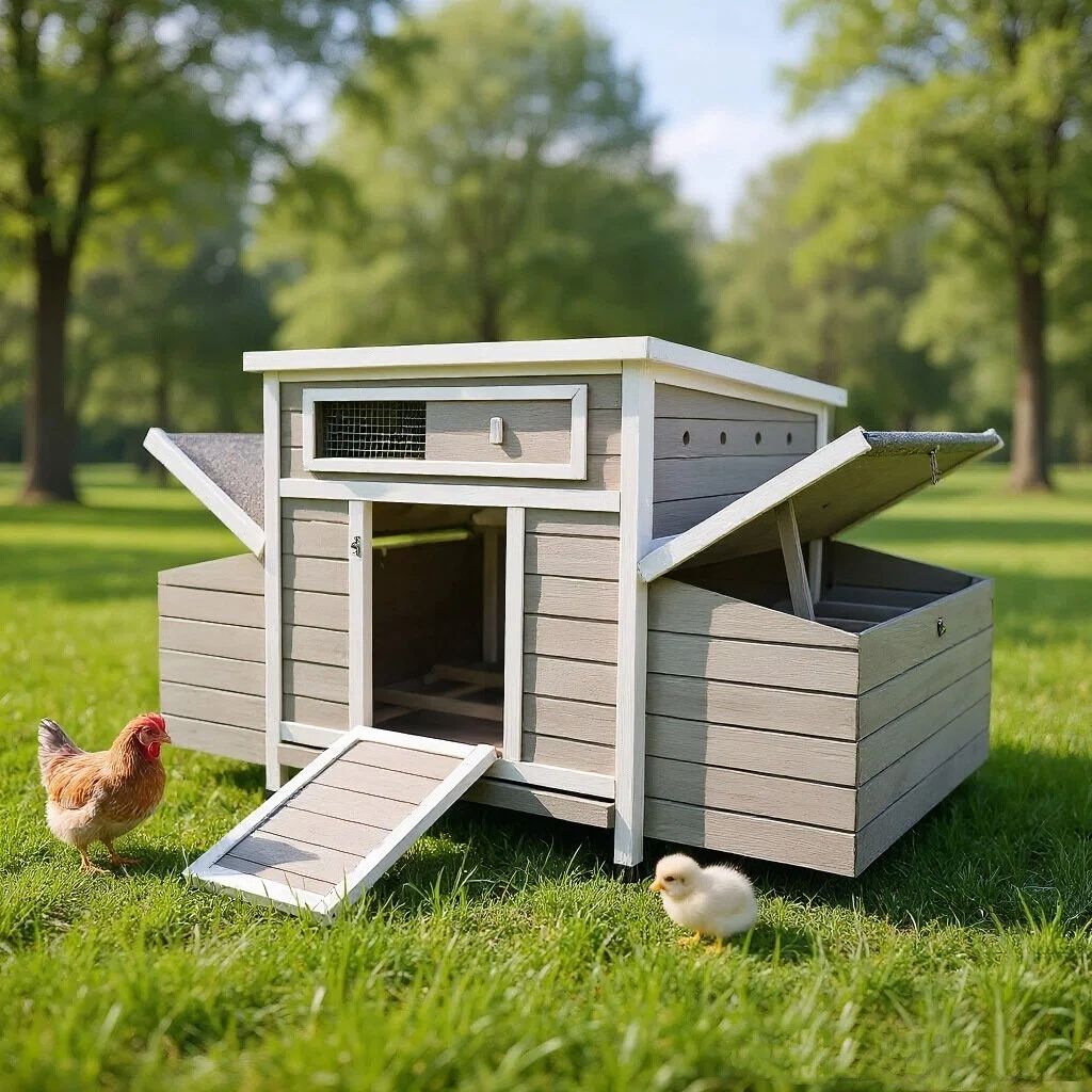 Large furniture-style Chicken Coop with water-ready Base and Secure Latches