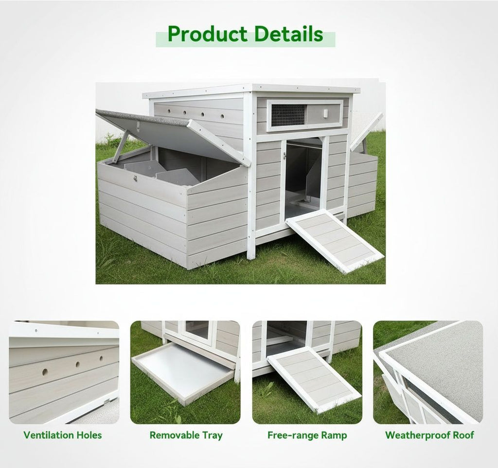 Large furniture-style Chicken Coop with water-ready Base and Secure Latches