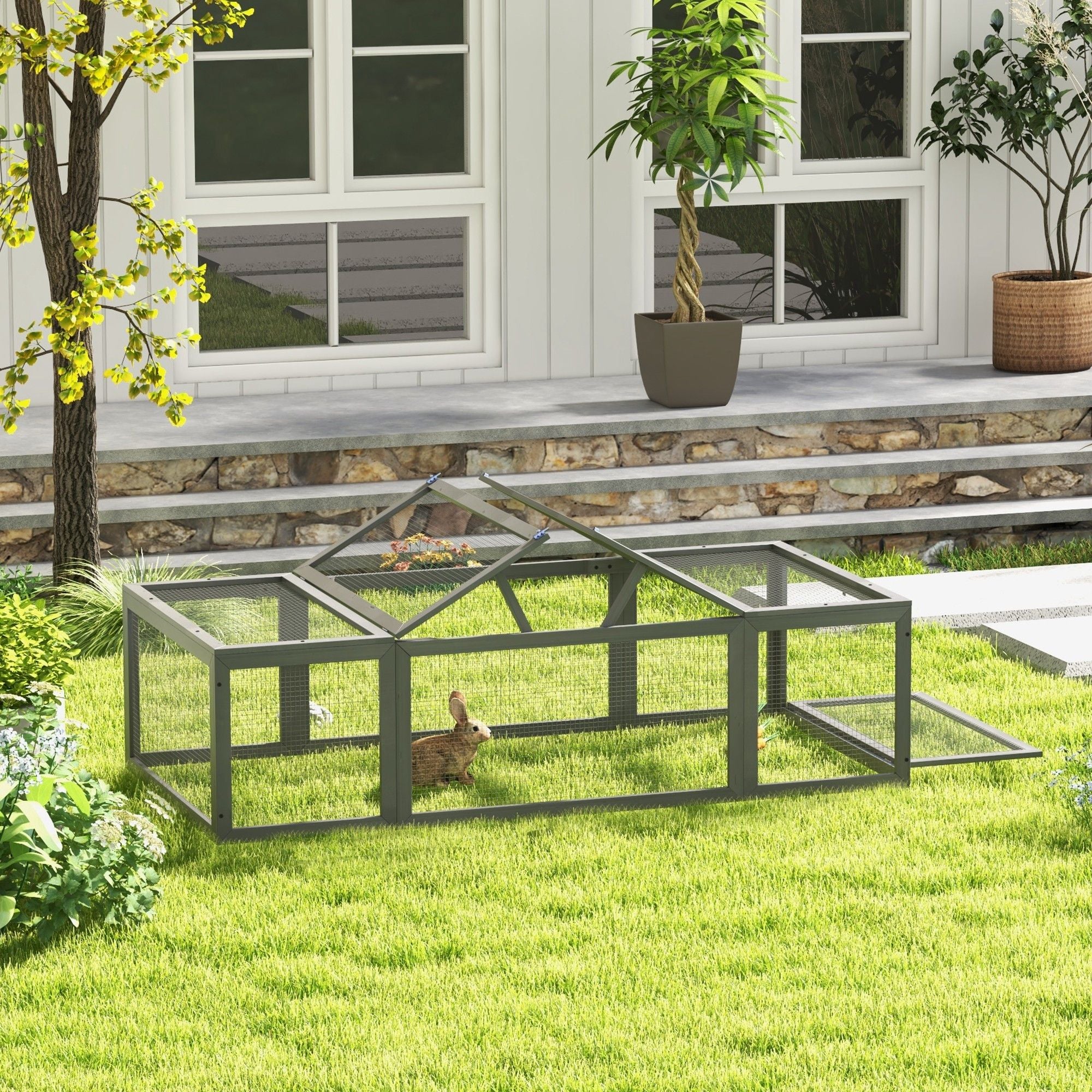 Large furniture-style Rabbit Hutch Gray Small Animal Habitat with Outdoor Run Lockable Doors