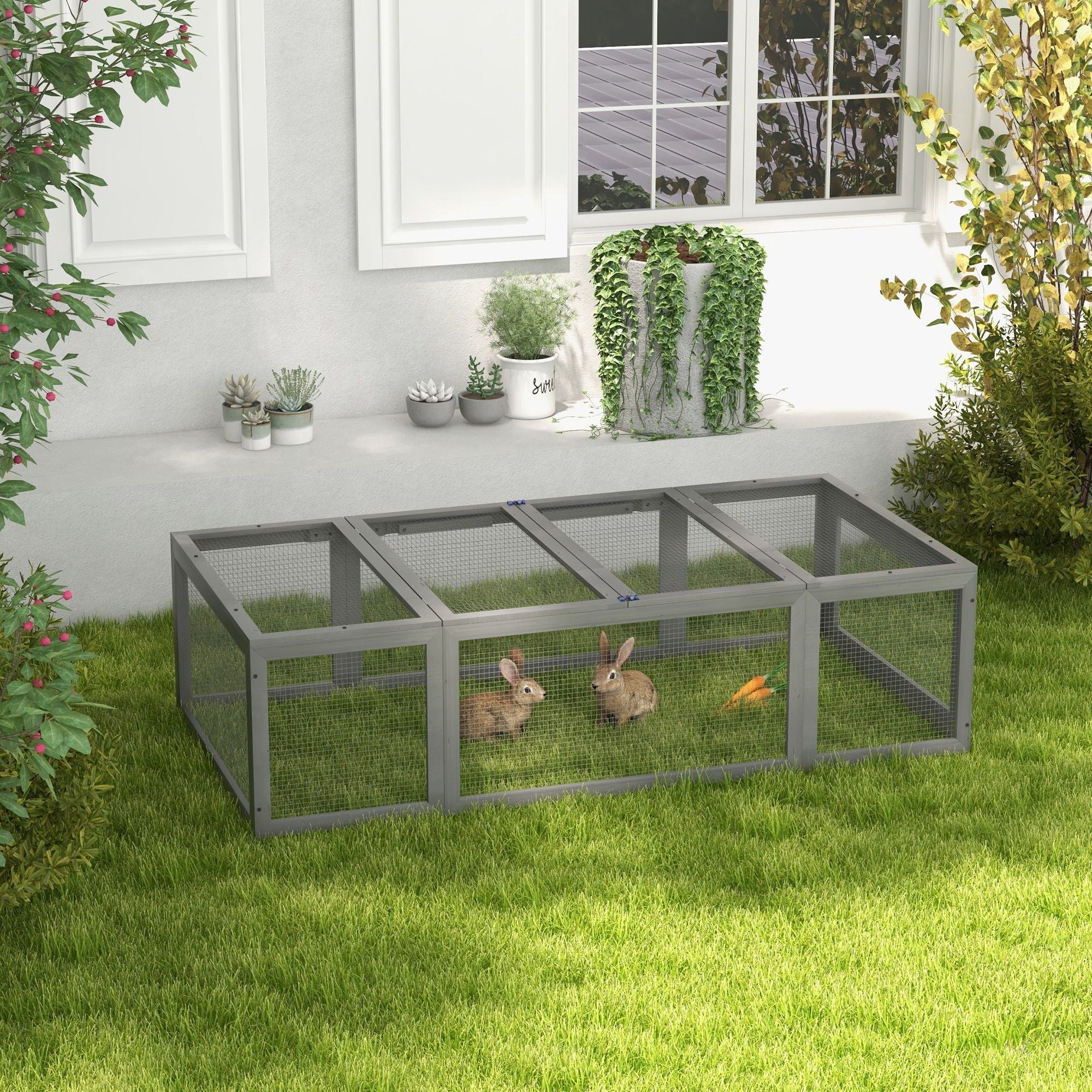 Large furniture-style Rabbit Hutch Gray Small Animal Habitat with Outdoor Run Lockable Doors