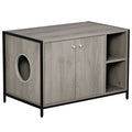 Large Wooden & Steel Cat Litter Box Enclosure, Kitten Washroom End Table, Indoor Hidden Cat House with Magnetic Doors & Storage Shelves, Gray