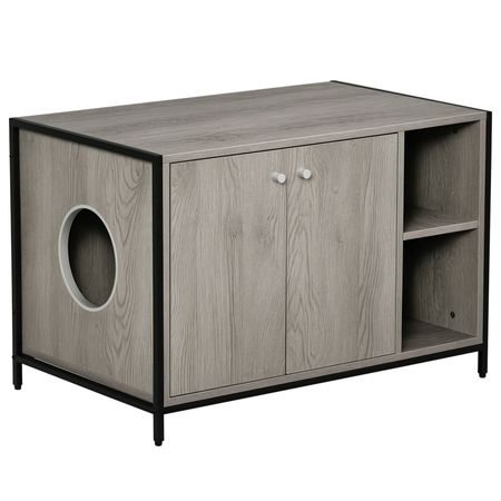 Large Wooden & Steel Cat Litter Box Enclosure, Kitten Washroom End Table, Indoor Hidden Cat House with Magnetic Doors & Storage Shelves, Gray