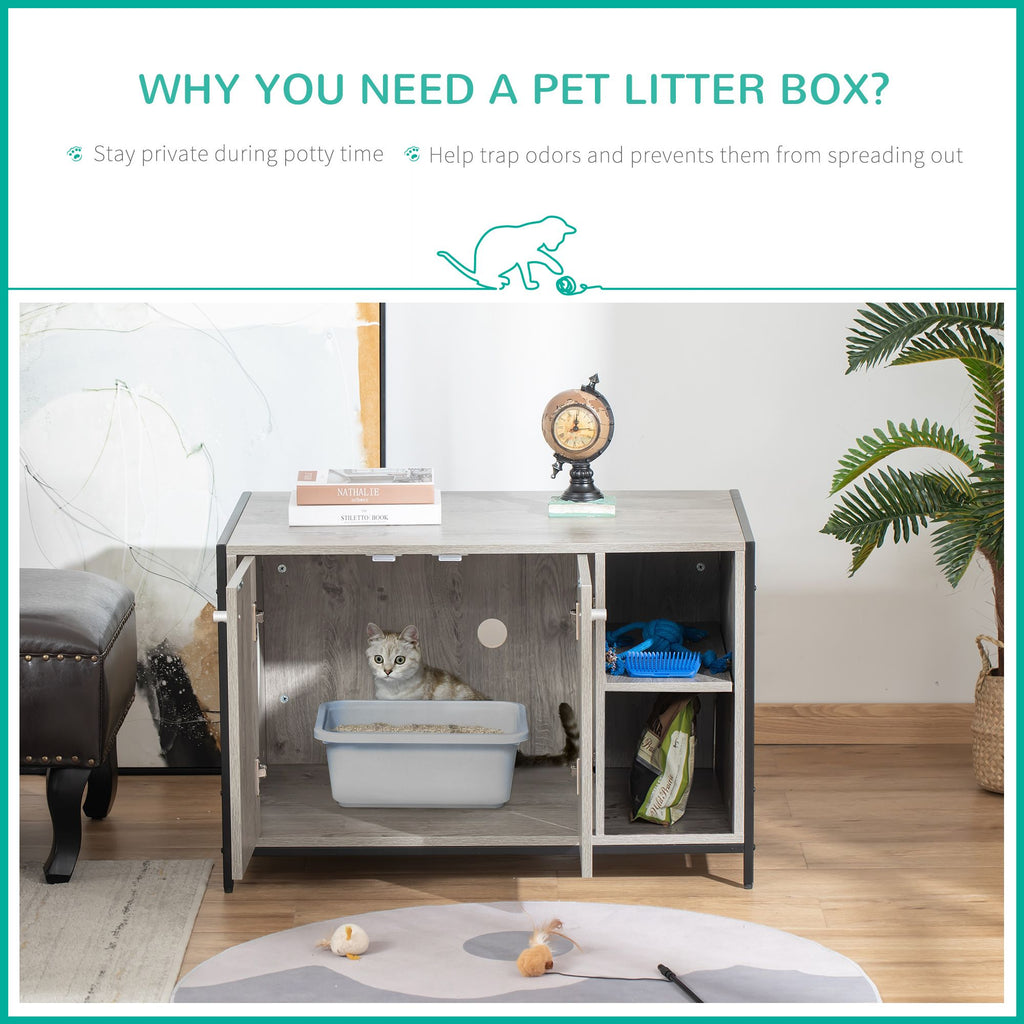 Large Wooden & Steel Cat Litter Box Enclosure, Kitten Washroom End Table, Indoor Hidden Cat House with Magnetic Doors & Storage Shelves, Gray
