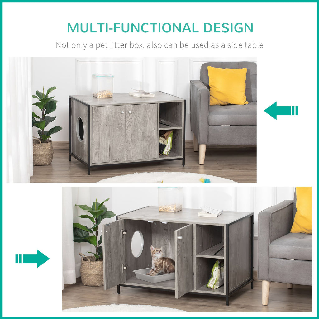 Large Wooden & Steel Cat Litter Box Enclosure, Kitten Washroom End Table, Indoor Hidden Cat House with Magnetic Doors & Storage Shelves, Gray