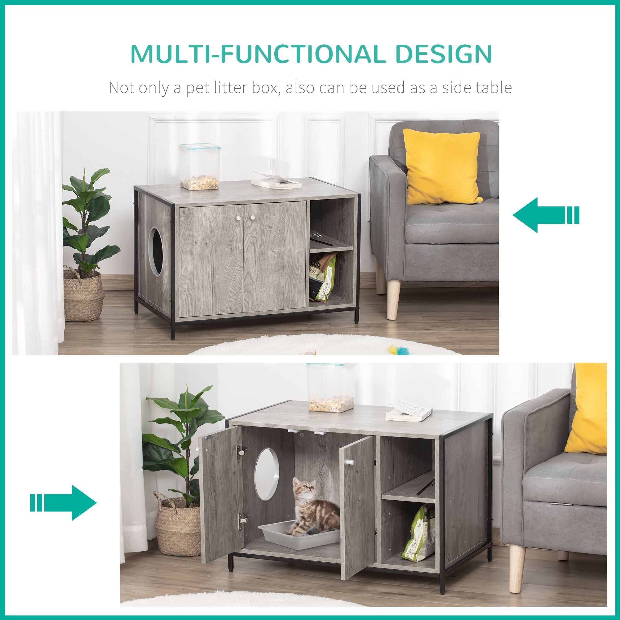 Large Wooden & Steel Cat Litter Box Enclosure, Kitten Washroom End Table, Indoor Hidden Cat House with Magnetic Doors & Storage Shelves, Gray