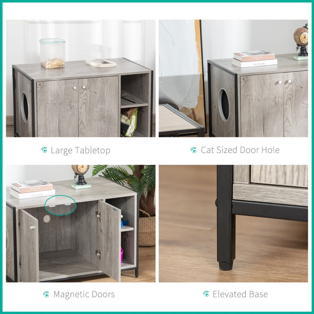 Large Wooden & Steel Cat Litter Box Enclosure, Kitten Washroom End Table, Indoor Hidden Cat House with Magnetic Doors & Storage Shelves, Gray