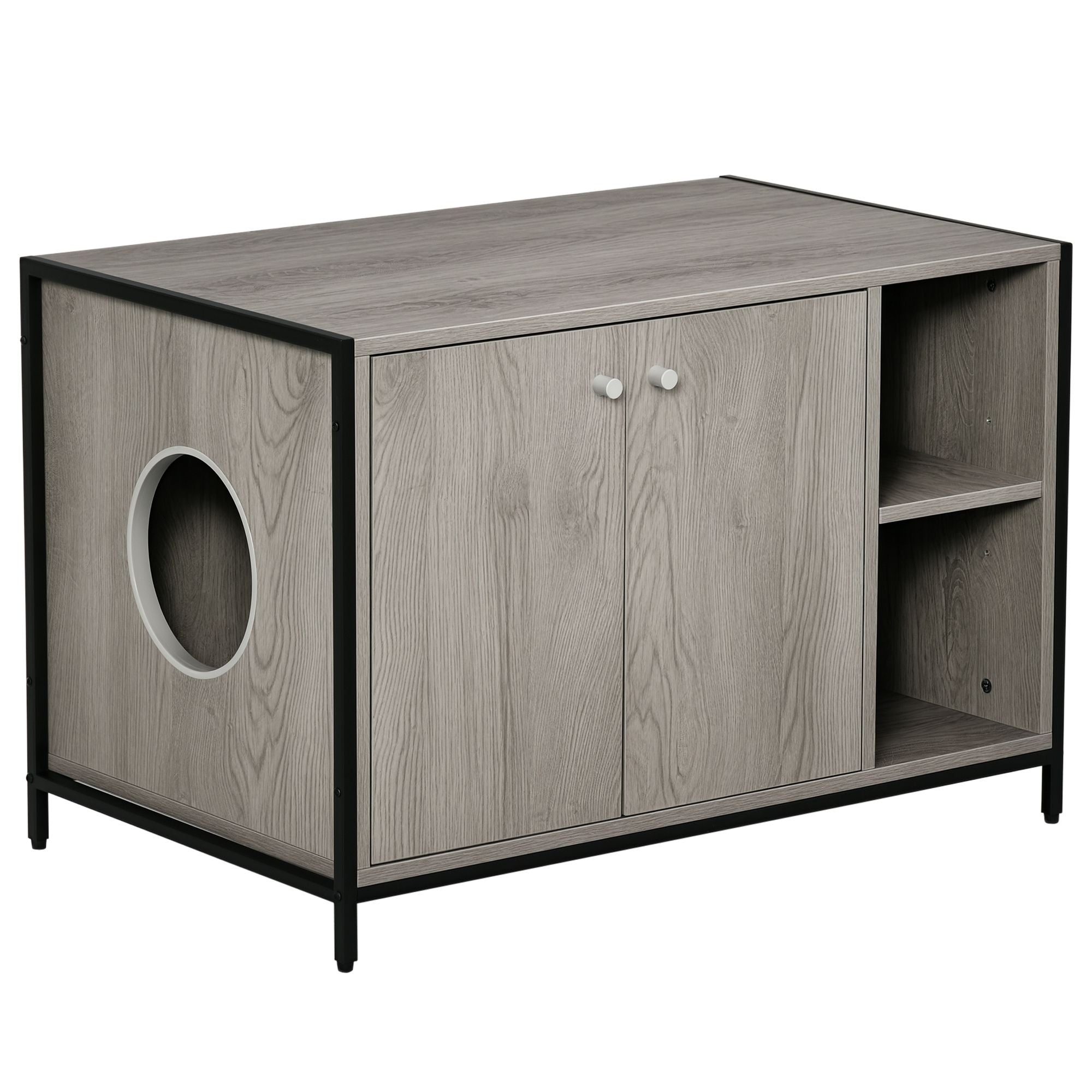 Large Wooden & Steel Cat Litter Box Enclosure, Kitten Washroom End Table, Indoor Hidden Cat House with Magnetic Doors & Storage Shelves, Gray