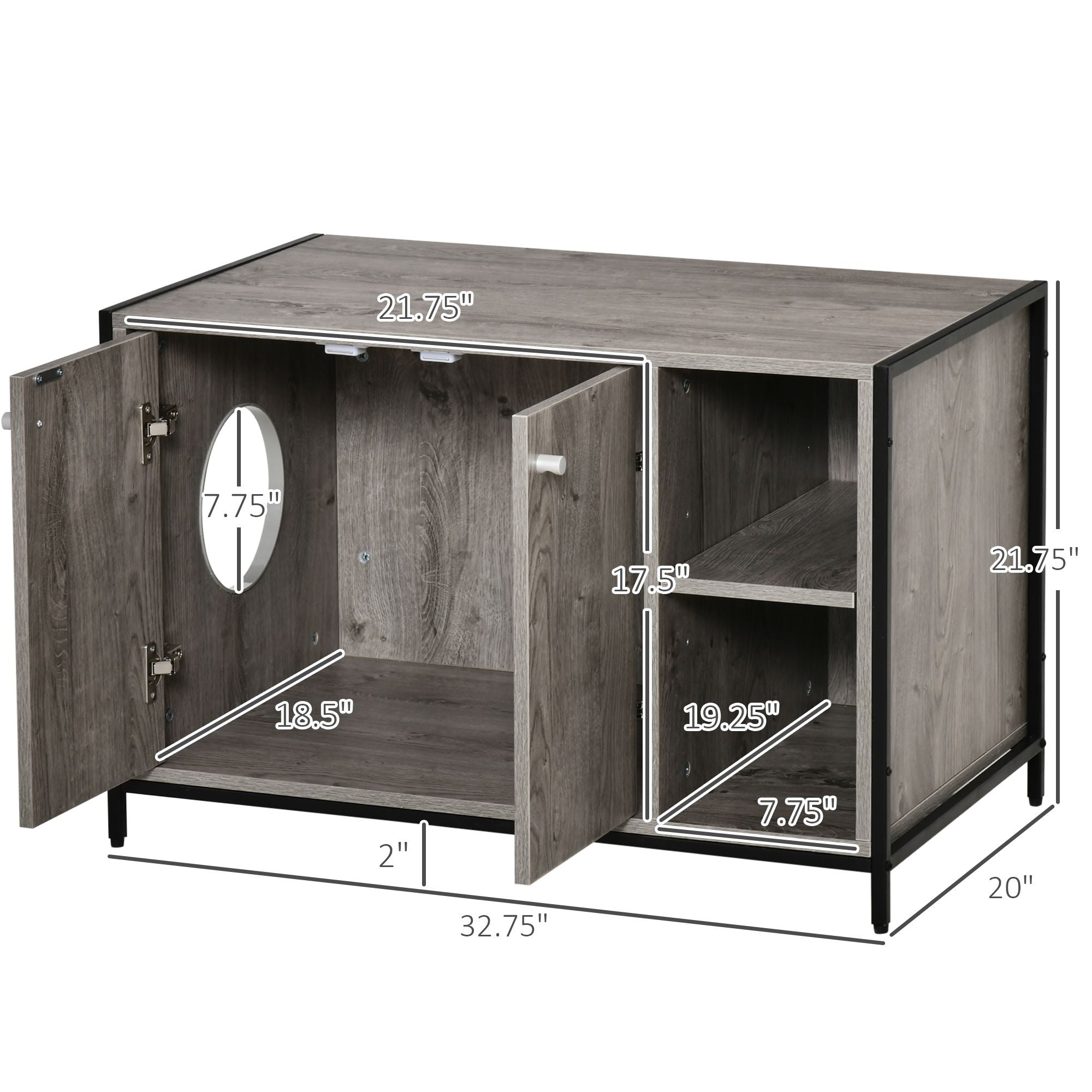 Large Wooden & Steel Cat Litter Box Enclosure, Kitten Washroom End Table, Indoor Hidden Cat House with Magnetic Doors & Storage Shelves, Gray