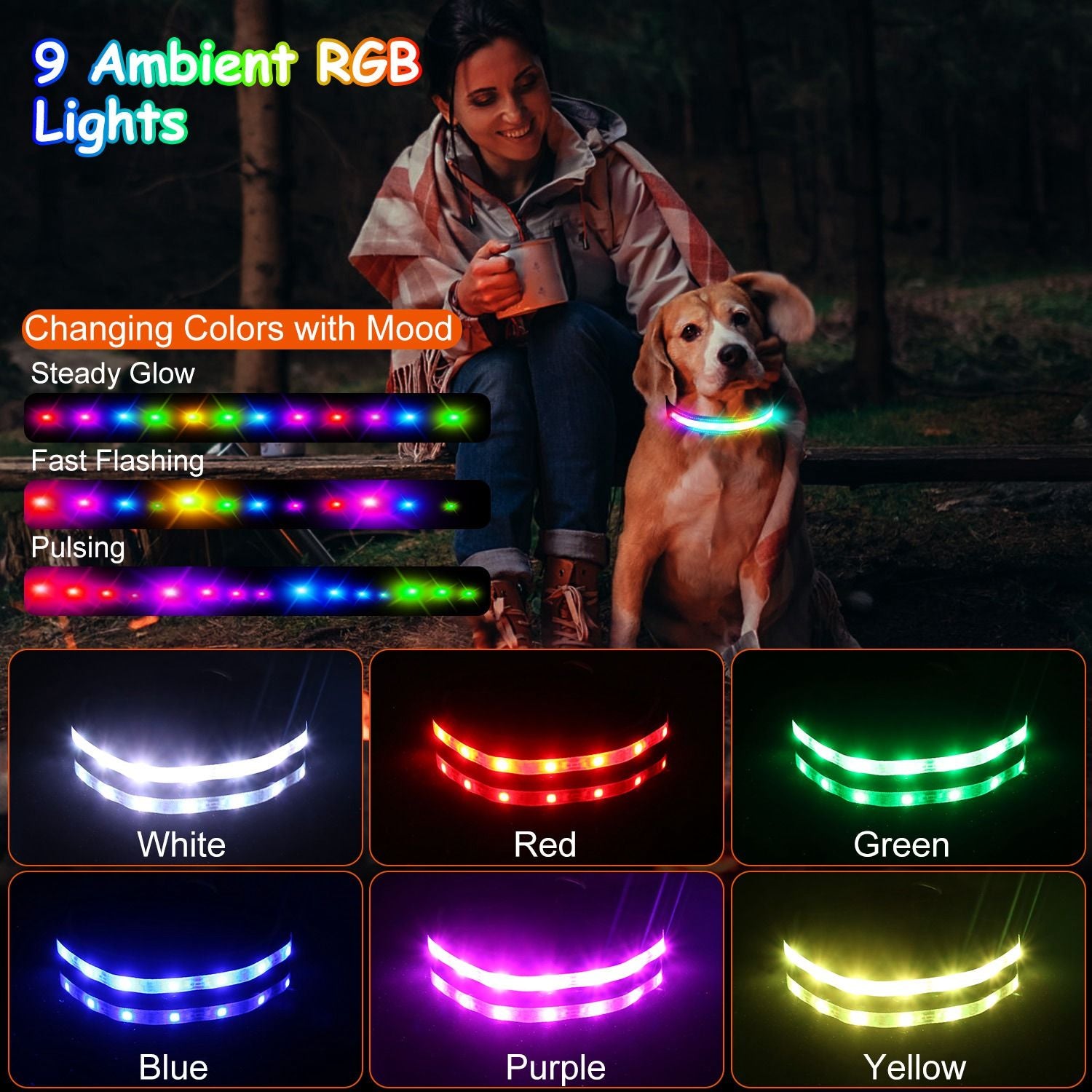 LED Dog Collar with 9 Colors & IPX7 water-ready