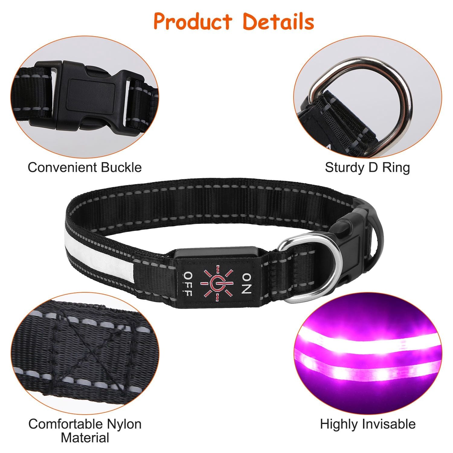 LED Dog Collar with 9 Colors & IPX7 water-ready