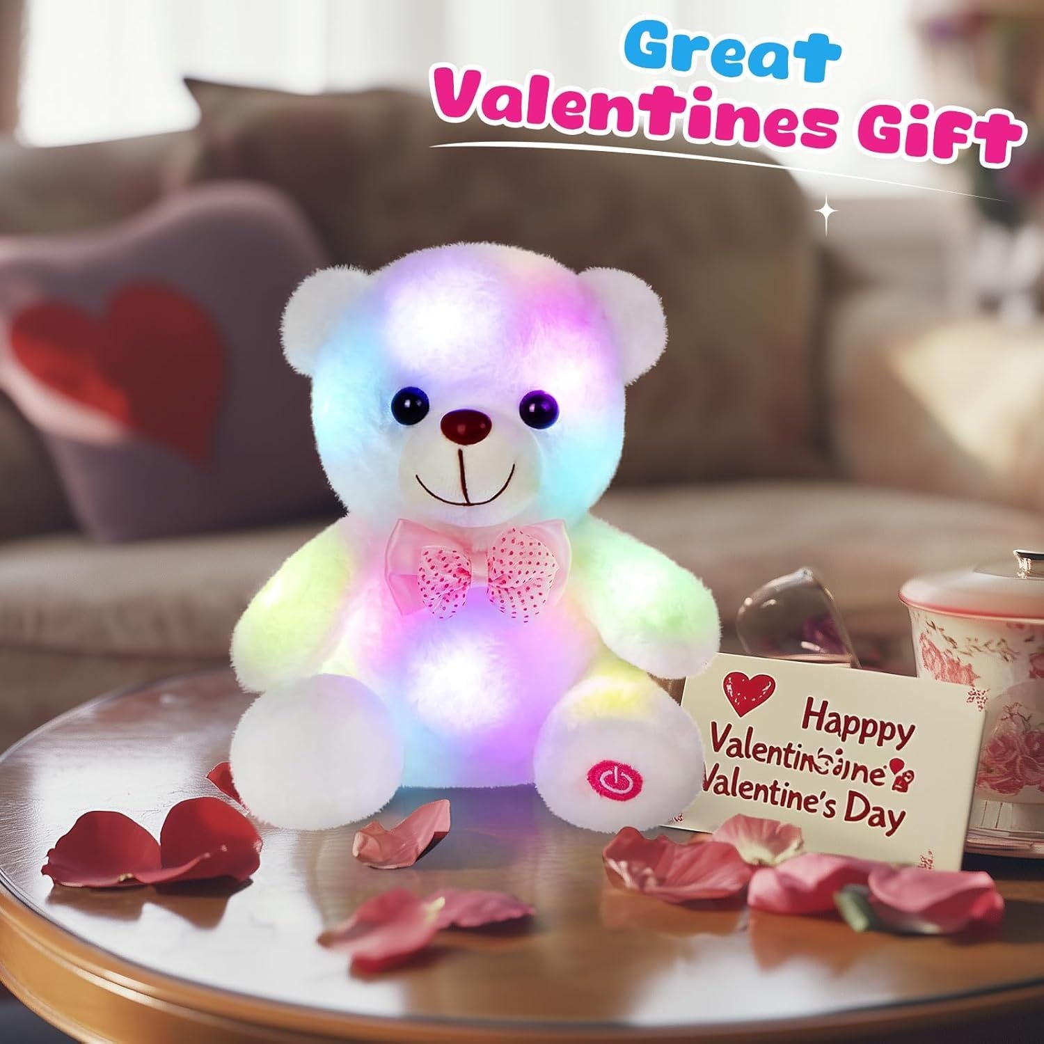 LED Light Up White Teddy Bear Plush Toy - Soft Nightlight Stuffed Animal