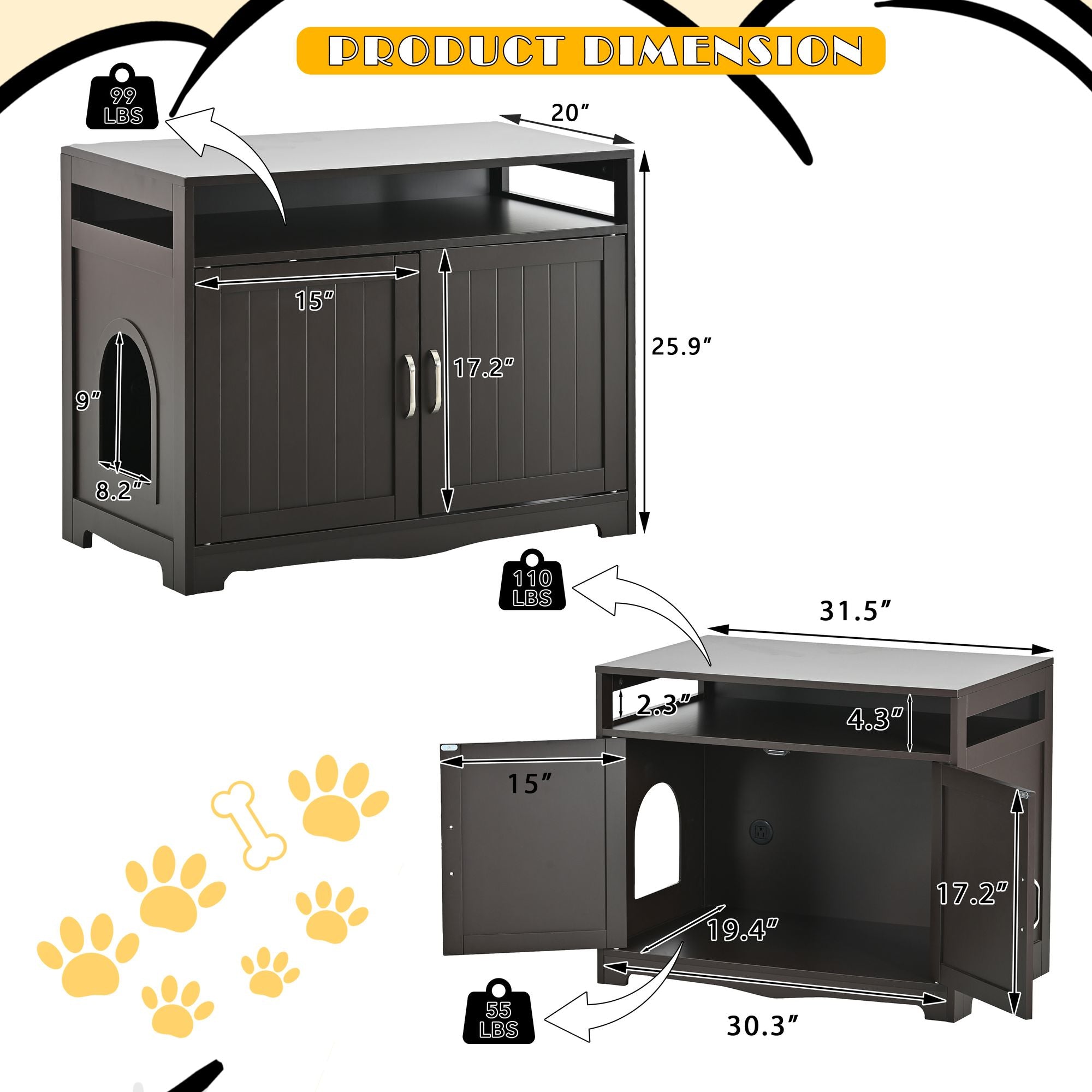 Multifunctional Litter Box Enclosure with Hidden Plug & Storage