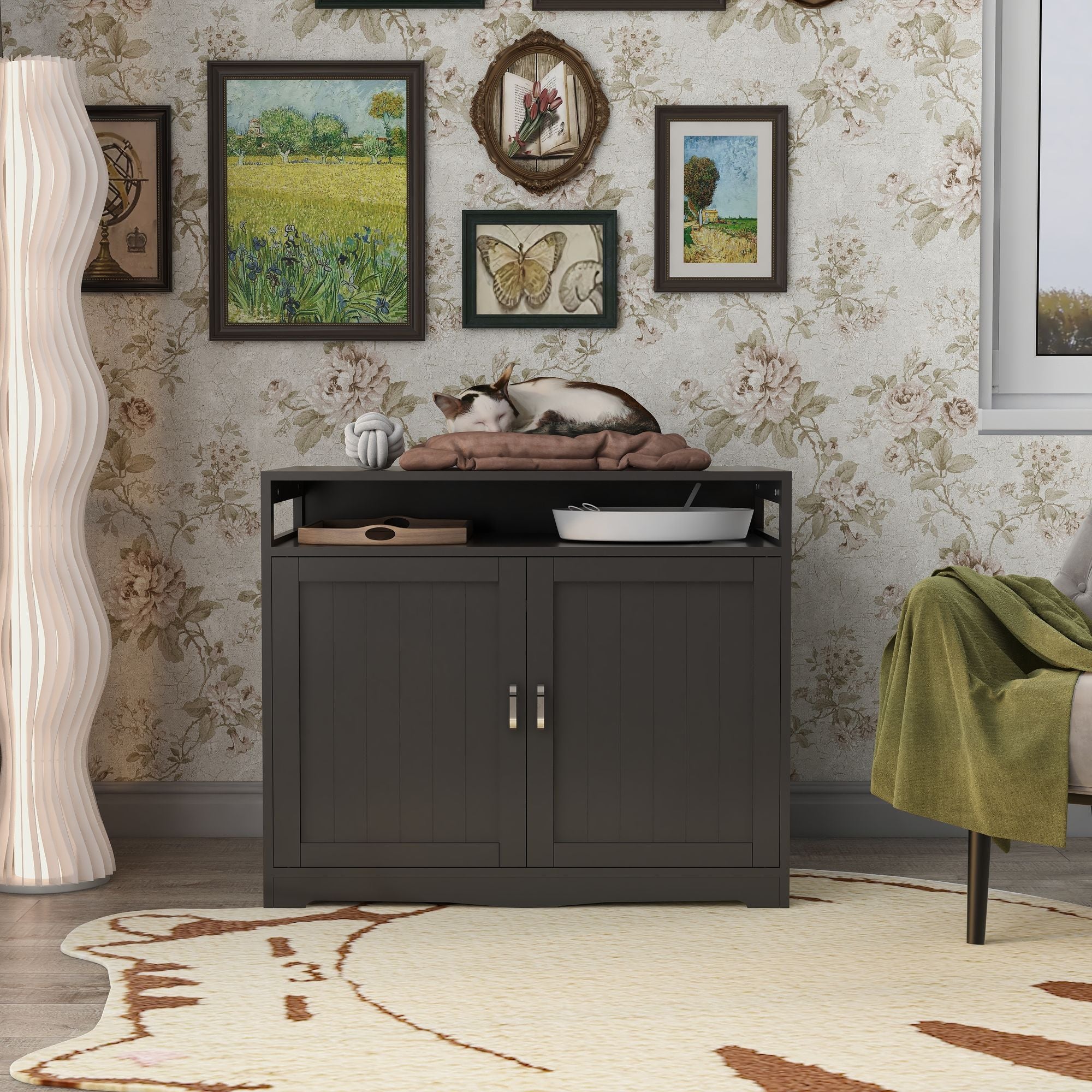 Multifunctional Litter Box Enclosure with Hidden Plug & Storage