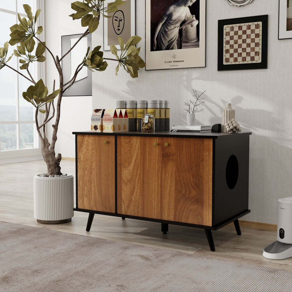 Multi-Functional Cat Litter Box Enclosure with Hidden Plug and 3 Doors