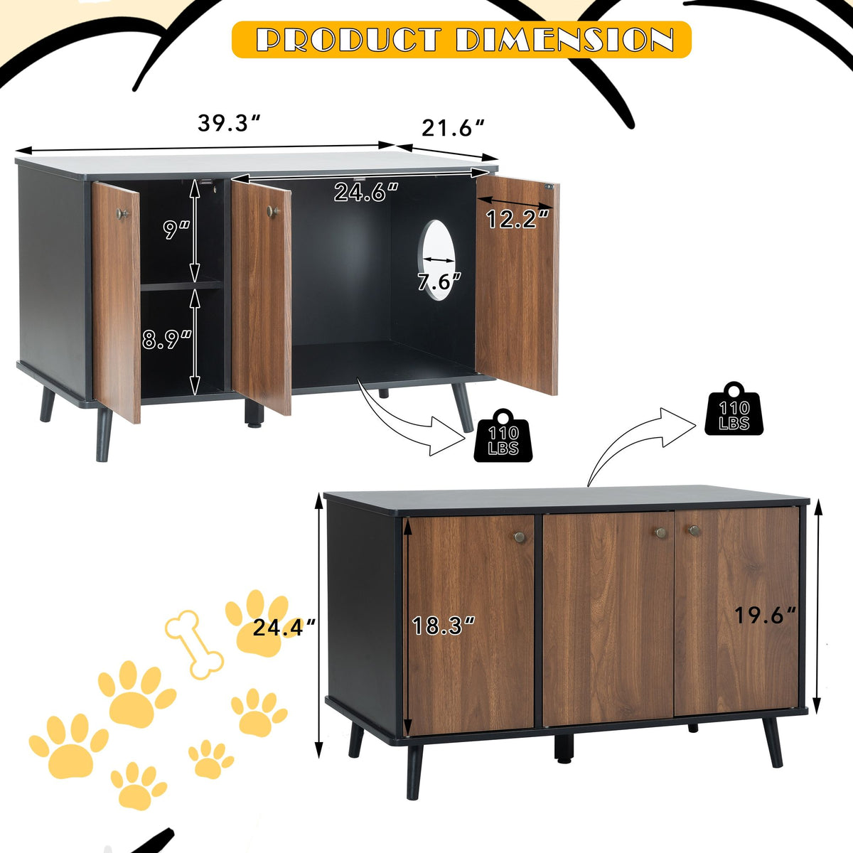 Multi-Functional Cat Litter Box Enclosure with Hidden Plug and 3 Doors