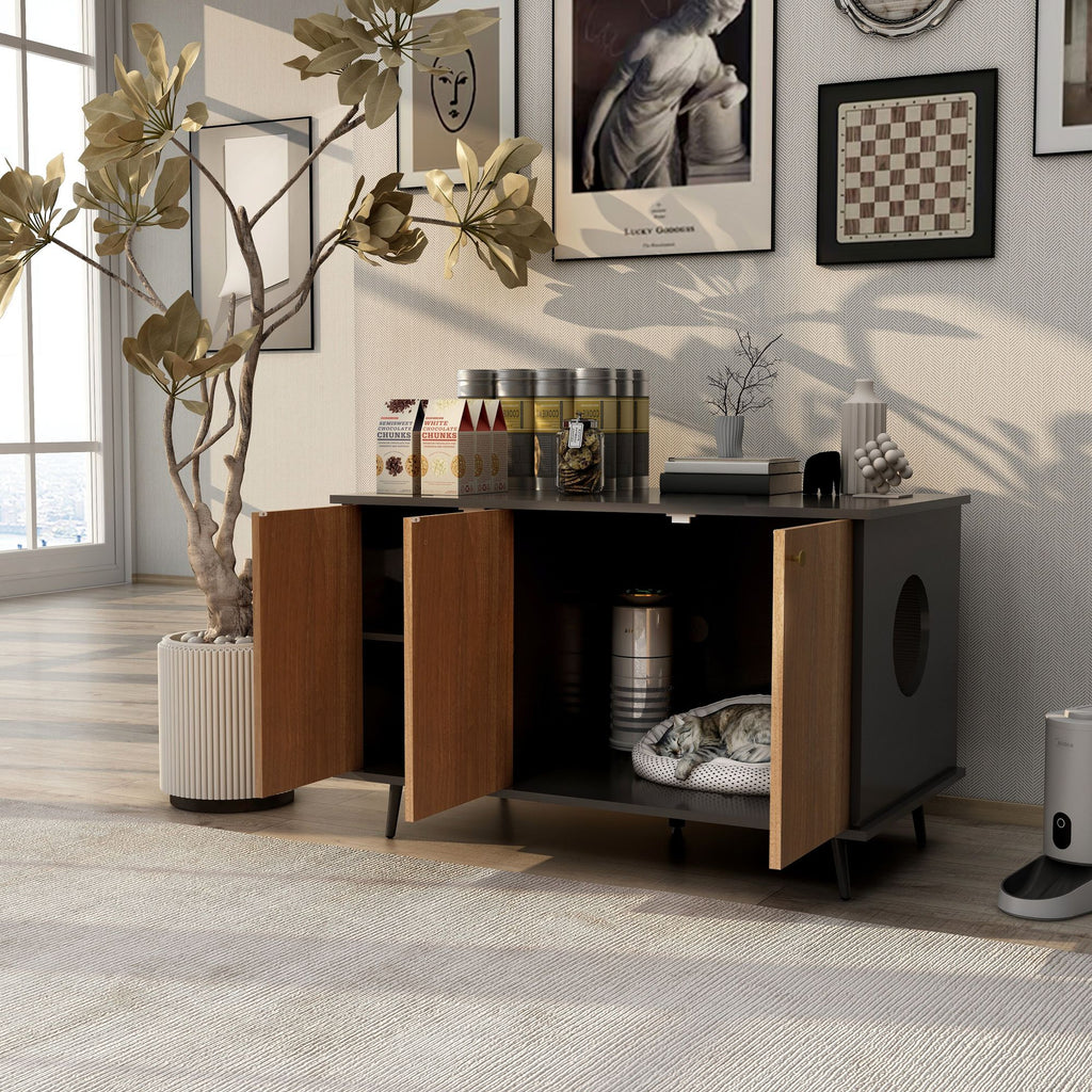 Multi-Functional Cat Litter Box Enclosure with Hidden Plug and 3 Doors