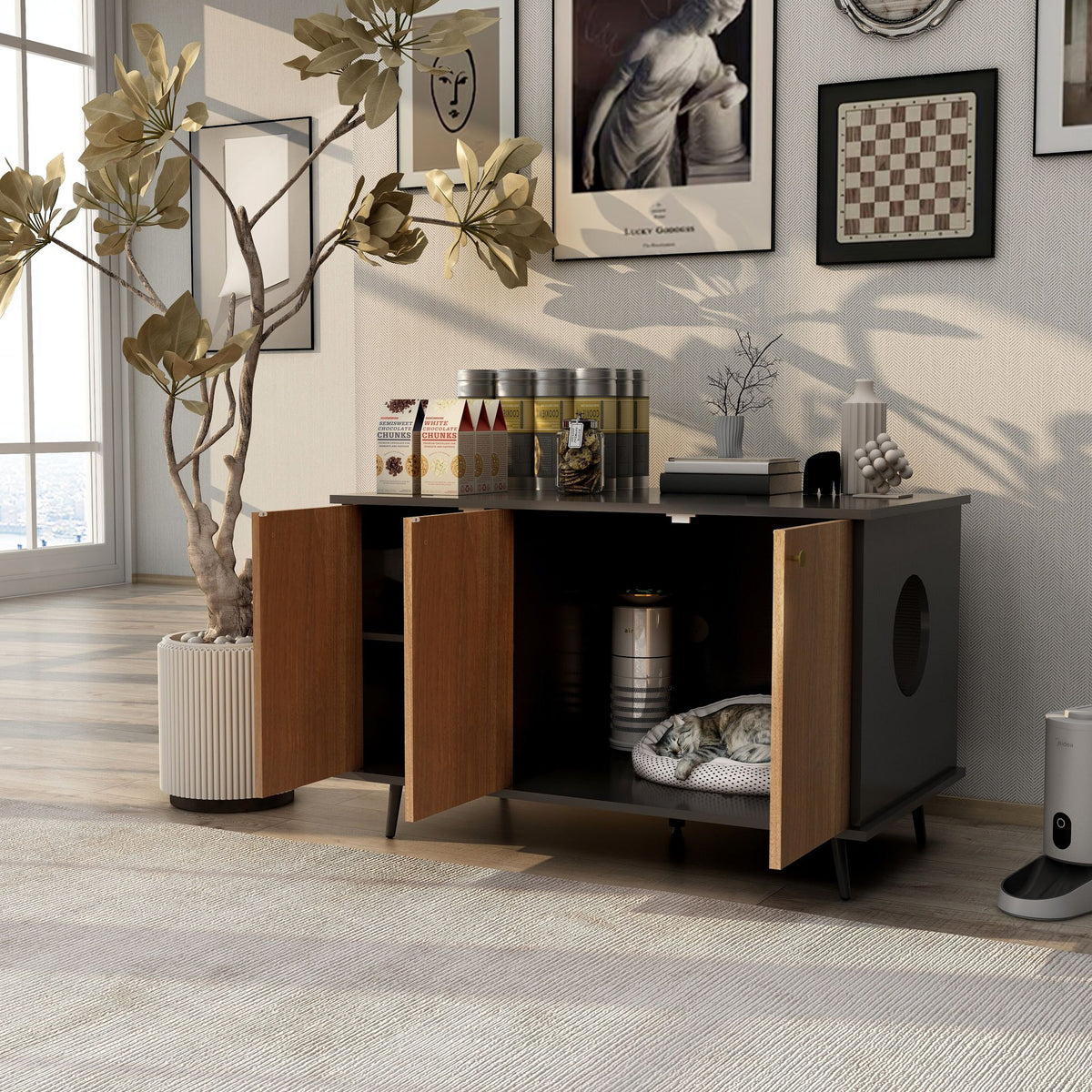 Multi-Functional Cat Litter Box Enclosure with Hidden Plug and 3 Doors