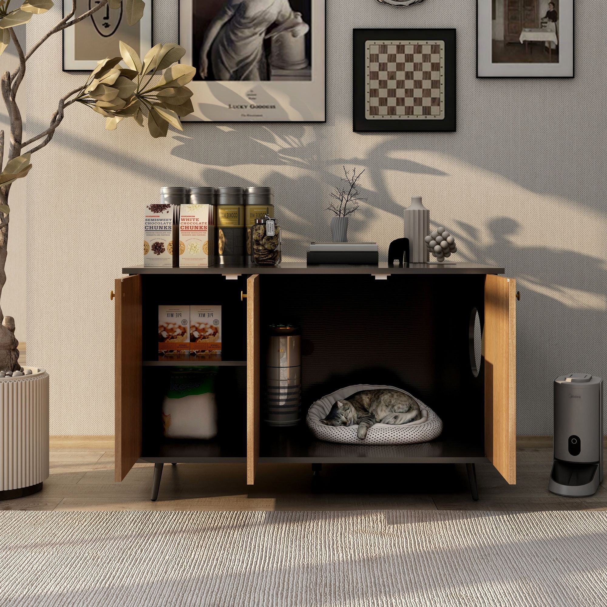 Litter Box Enclosure, Cat Litter Box Furniture with Hidden Plug, 3 Doors,Indoor Cat Washroom Storage Bench Side Table Cat House, Large Wooden Enclused Litter Box House, Black and Walnut