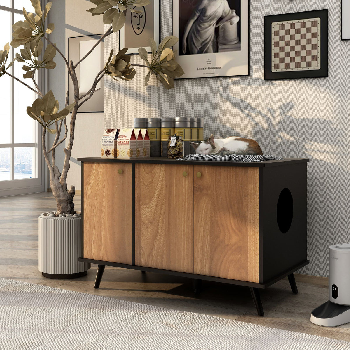Multi-Functional Cat Litter Box Enclosure with Hidden Plug and 3 Doors