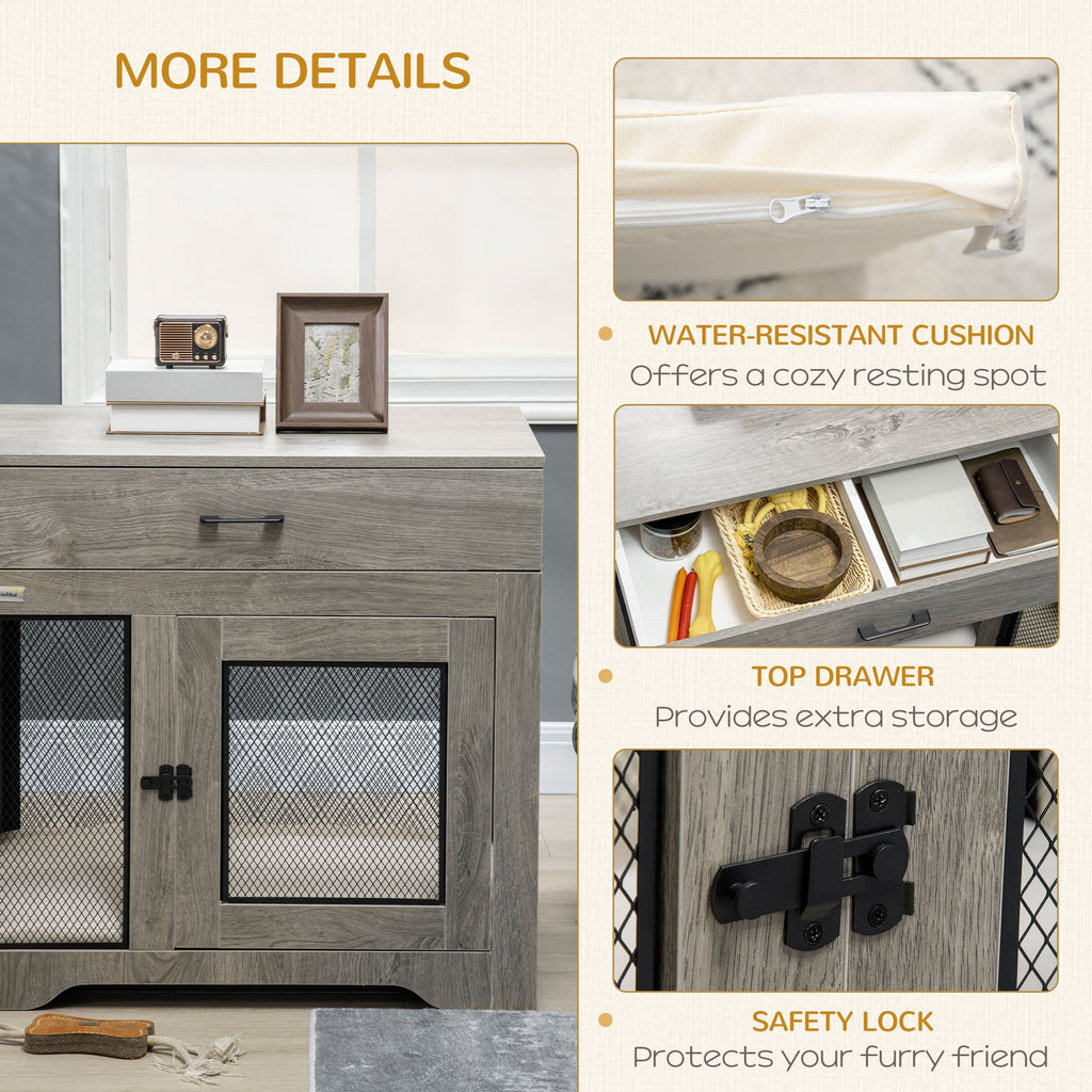 Luxury Dog Crate Furniture with Cushion End Table with Drawer and Doors for Small Dogs Stylish Gray