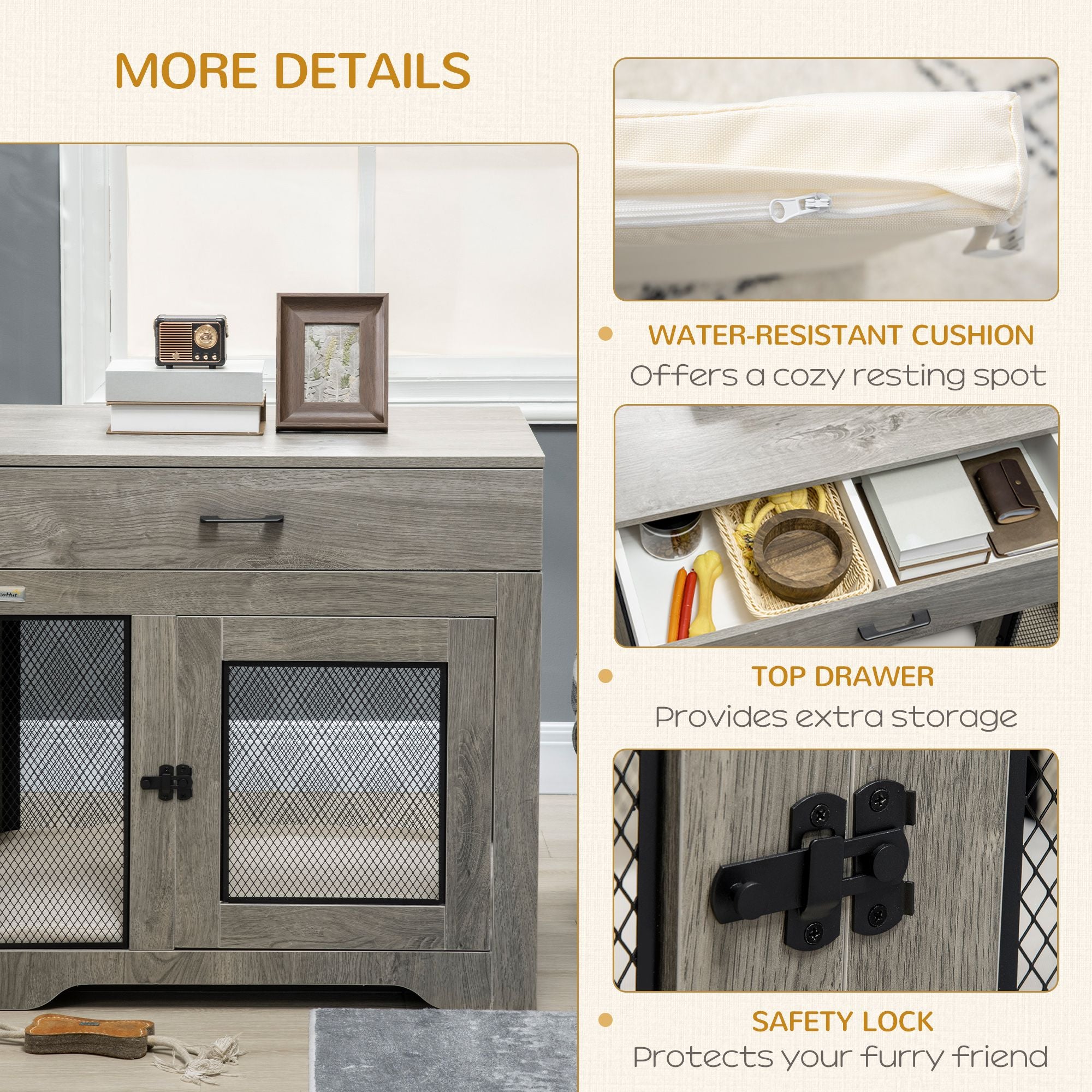 Luxury Dog Crate Furniture with Cushion End Table with Drawer and Doors for Small Dogs Stylish Gray
