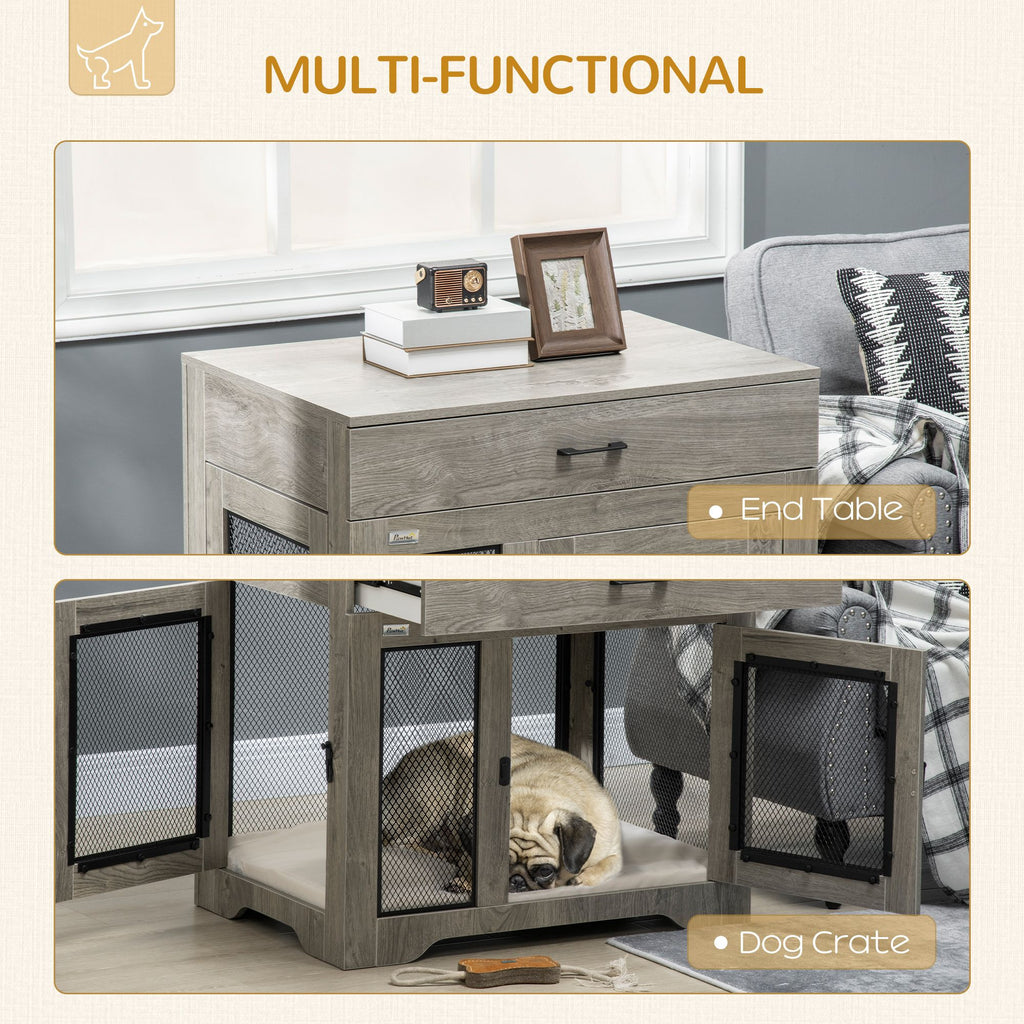 Luxury Dog Crate Furniture with Cushion End Table with Drawer and Doors for Small Dogs Stylish Gray