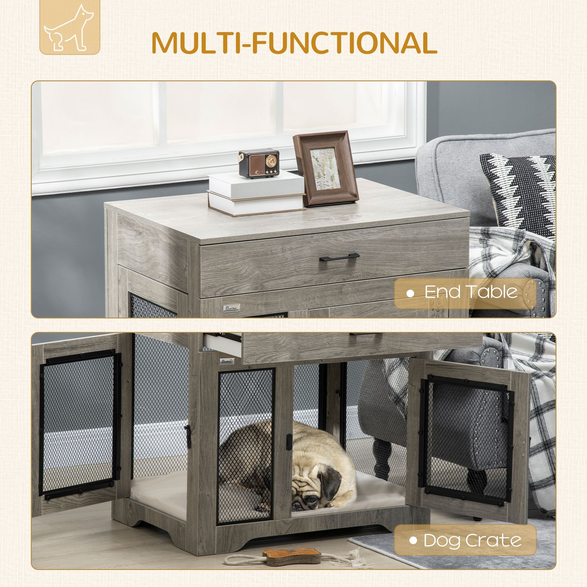 Luxury Dog Crate Furniture with Cushion End Table with Drawer and Doors for Small Dogs Stylish Gray
