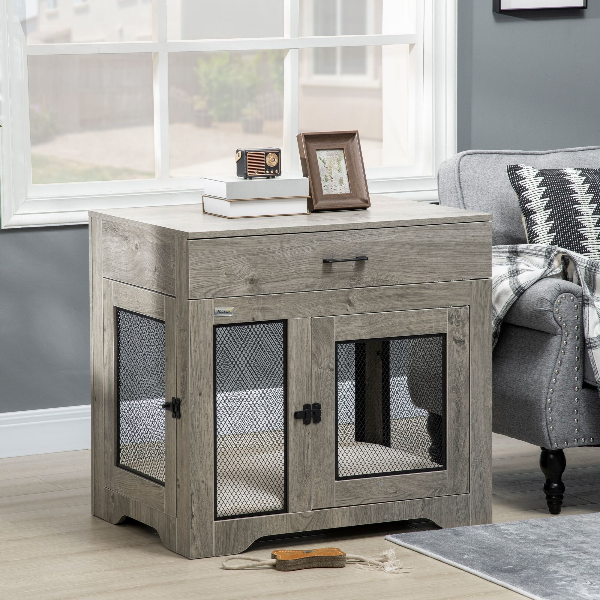 Luxury Dog Crate Furniture with Cushion End Table with Drawer and Doors for Small Dogs Stylish Gray