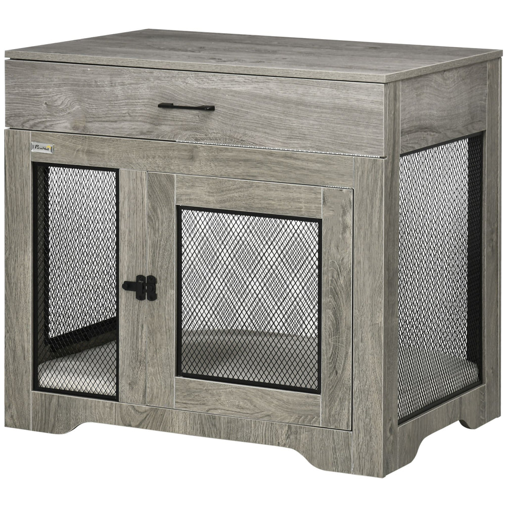 Luxury Dog Crate Furniture with Cushion End Table with Drawer and Doors for Small Dogs Stylish Gray